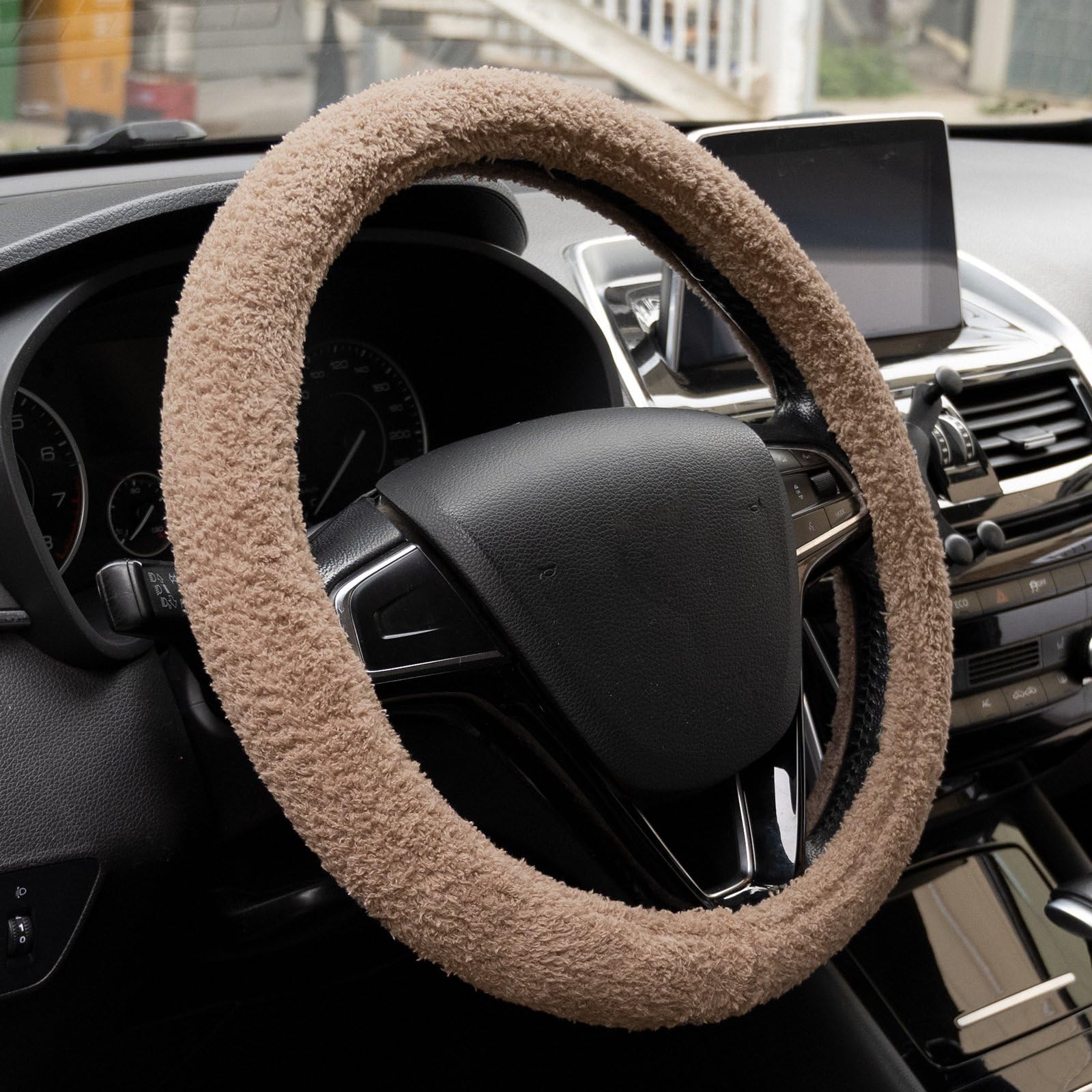 Fluffy Brown 15 Inch Universal Steering Wheel Cover - Soft & Cute Car Accessories for Women, Girls | Perfect for Winter Warmth & Stylish Car Decor