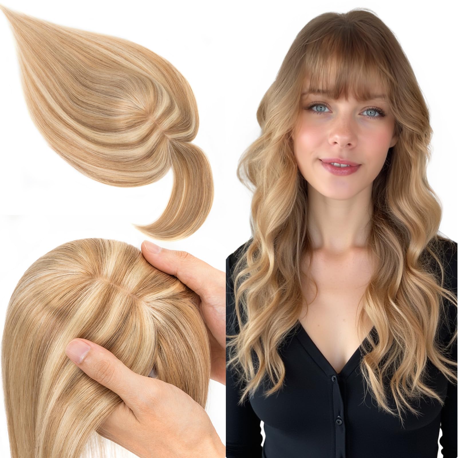 SEGO 100% Real Human Hair Toppers with Bangs - Silk Base 150% Density Clip-in Hairpiece for Women (2.7”x5.1”) - Thinning Hair & Hair Loss Solution - Gray Hair Coverage - Perfect for Daily Wear, Special Occasions & Confidence Boosting
