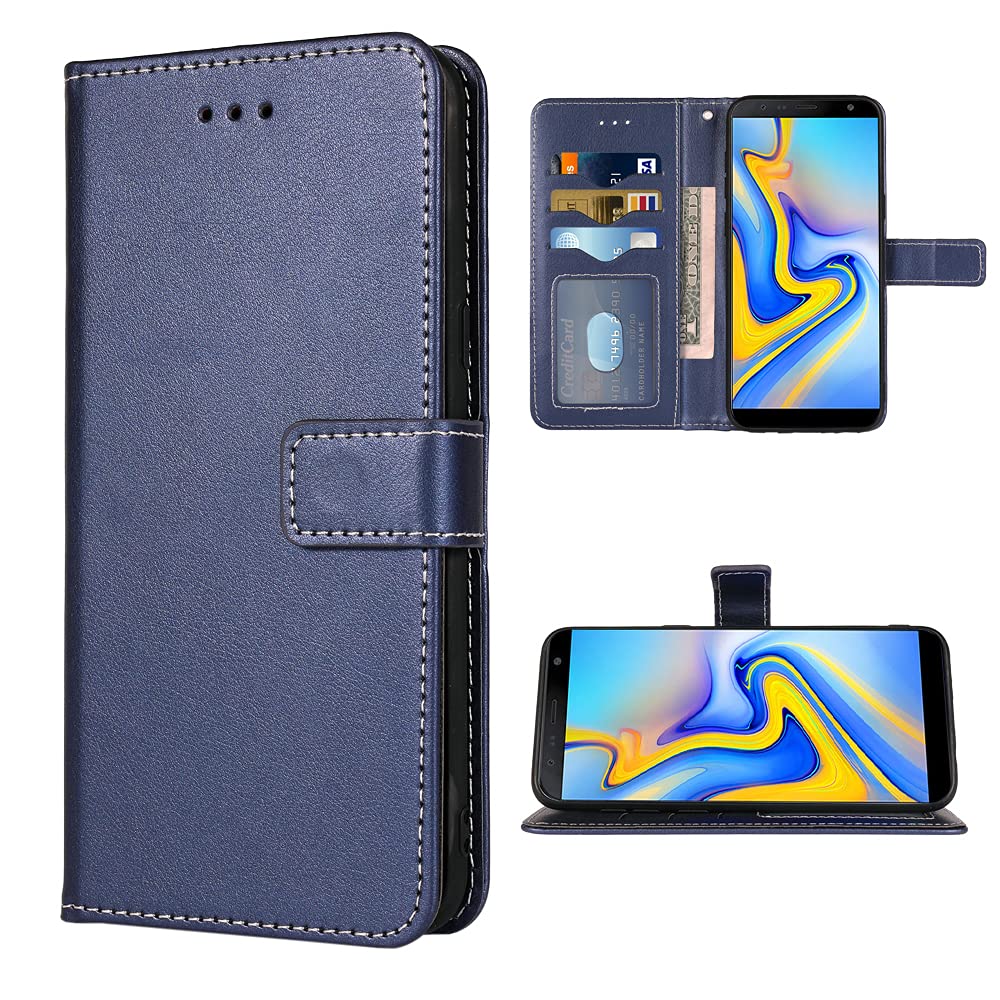 Samsung Galaxy J6 Plus 2018 Wallet Case with Wrist Strap & Card Holder - Leather Flip Cover Phone Case for J6/J6+/J6 Plus (SM-J610FN) - Blue | Perfect for Work, Travel & Everyday Protection