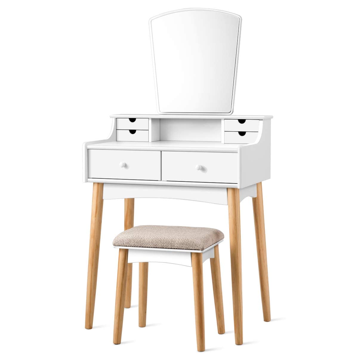 CHARMAID 6-Drawer Makeup Vanity Set with Cushioned Stool & Unique Mirror - Modern Dressing Table for Bedroom & Bathroom - Elegant Vanity Desk for Women & Girls - Perfect for Makeup Organization & Beauty Routine