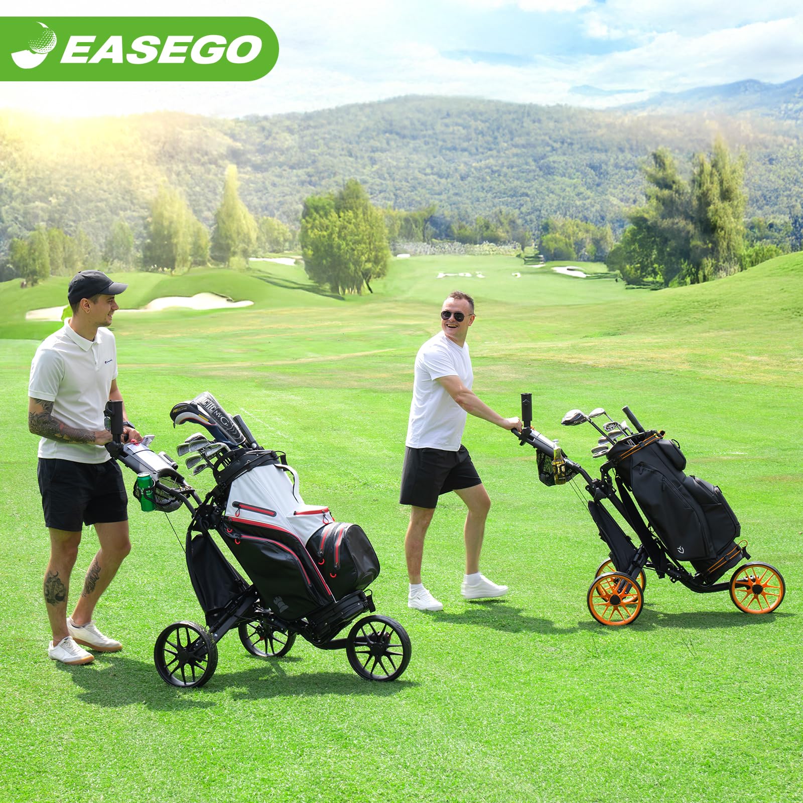 **3 Wheel Golf Push Cart - Foldable Golf Bag Caddy with Phone Holder, Cup Holder & Umbrella Holder | Compact & Quick Fold Design | Large Wheelbase for All Terrains | Perfect for Golfers, Seniors & Beginners**    *(Use Case: Ideal for golf courses, practice ranges, or casual strolls – lightweight, portable, and easy to store!)*