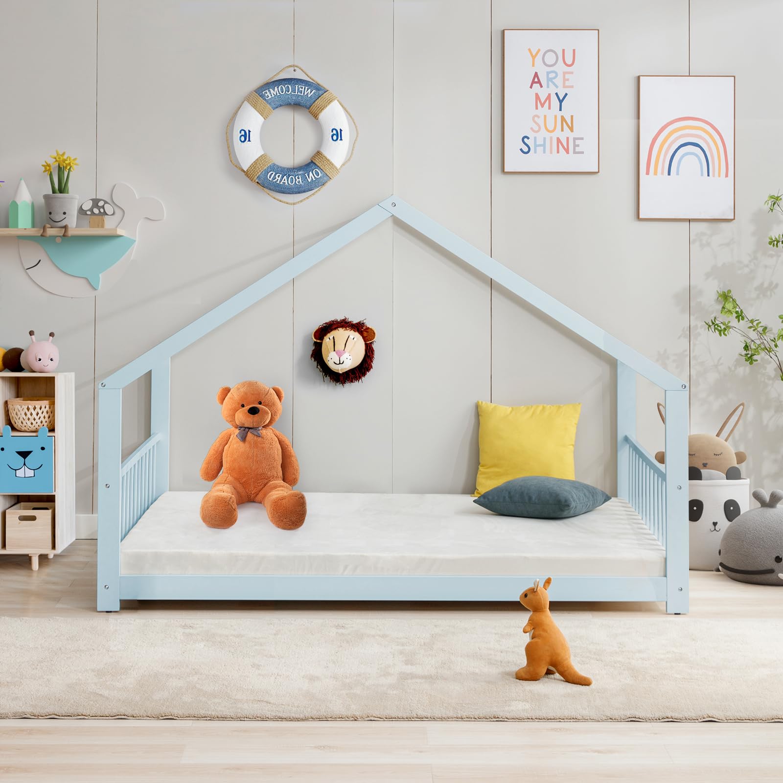 Montessori Floor Bed Full Size - Wooden House Bed Frame with Roof for Kids - Blue - Perfect for Boys & Girls Bedrooms, Playrooms & Montessori Learning Spaces