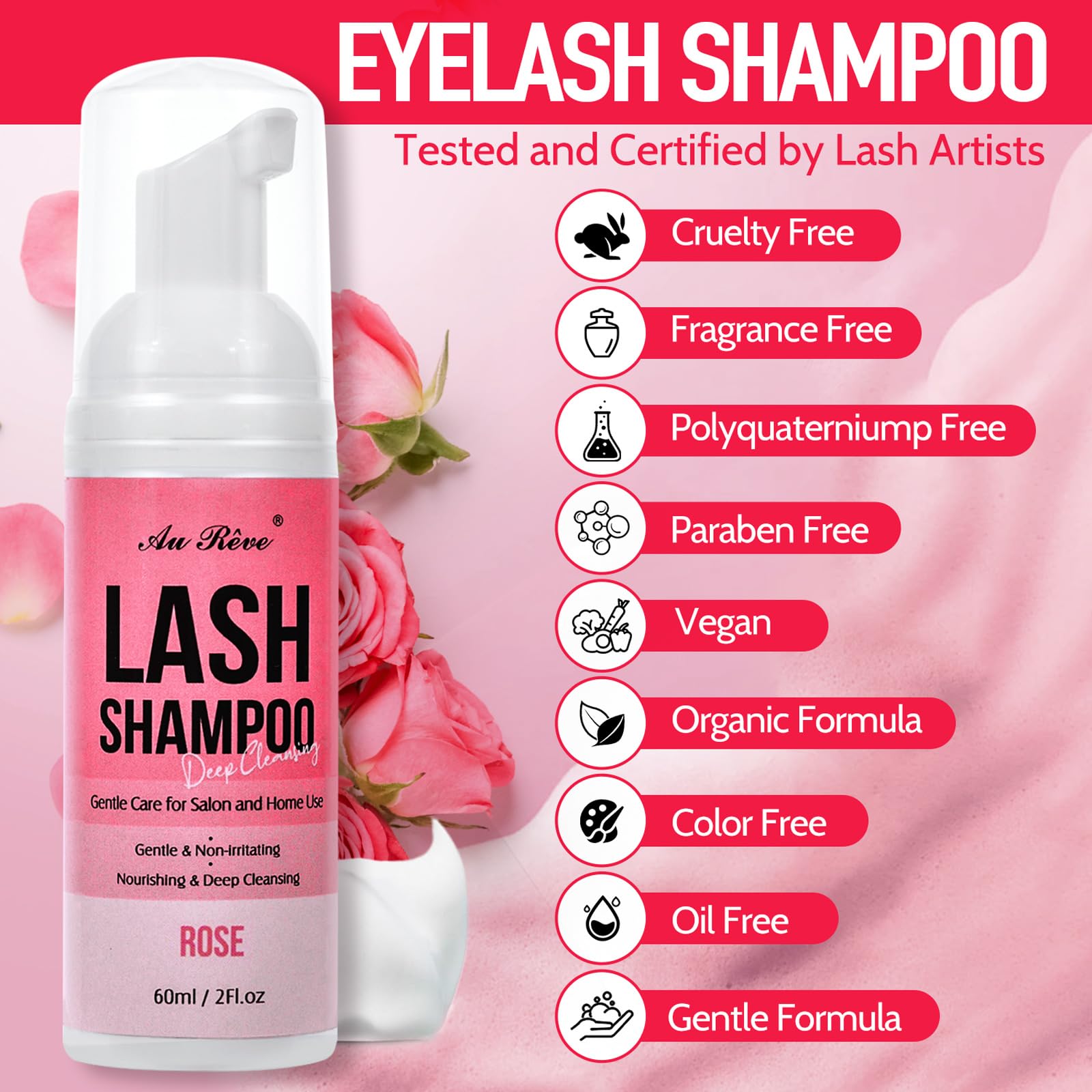 **Gentle Foaming Eyelash Extension Shampoo 60ml (2fl.oz) - Lash Cleanser with Brush & Wash Bottle - Safe for Salon & Home Use - Rose Scented - Perfect for Daily Lash Care & Extensions Maintenance**    *(Use Case: Ideal for professional lash artists, salon treatments, or at-home lash care to keep extensions clean, long-lasting, and irritation-free.)*
