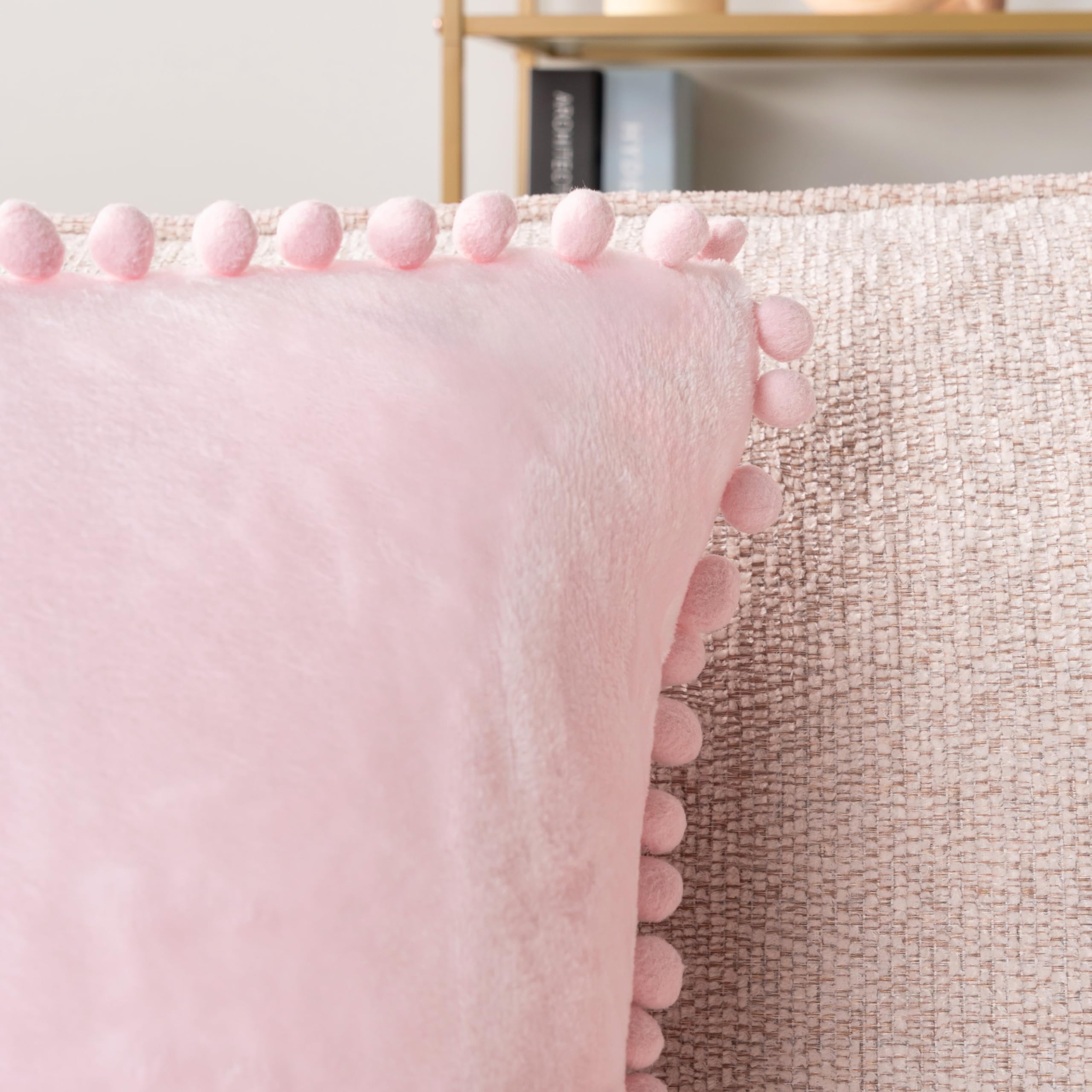 PAVILIA 18x18 Inch Light Pink Velvet Throw Pillow Covers with Pom Pom Trim - Set of 2 Decorative Cushion Covers for Sofa, Bed, Couch - Soft Plush Euro Square Pillow Cases for Living Room & Bedroom Aesthetic Decor