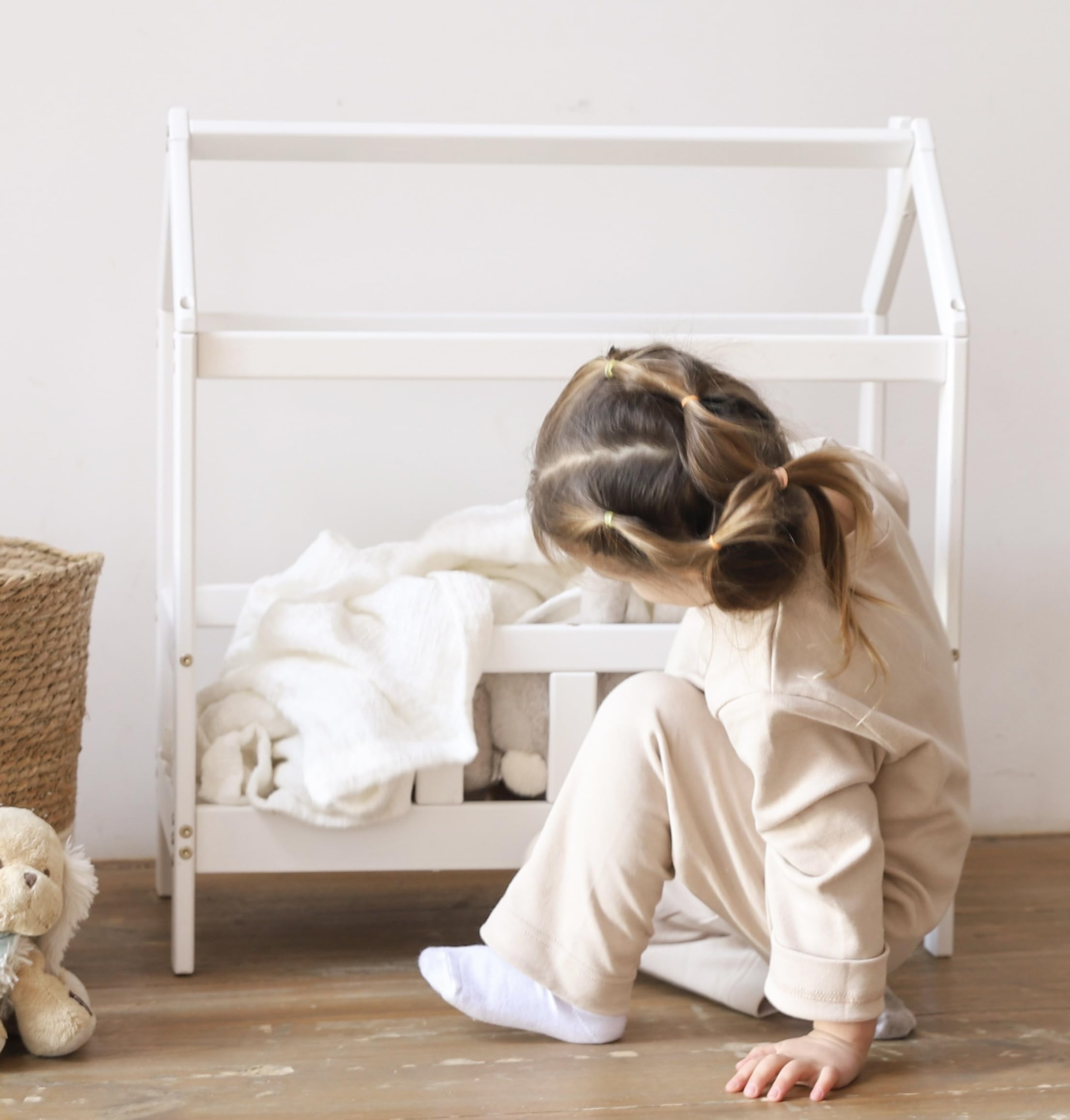 BUSYWOOD Wooden Doll Bed & Toddler Bed Frame - White Girls Bedroom Furniture for Pretend Play & Montessori Learning - Perfect for Dollhouse Accessories & Kids Imaginative Play