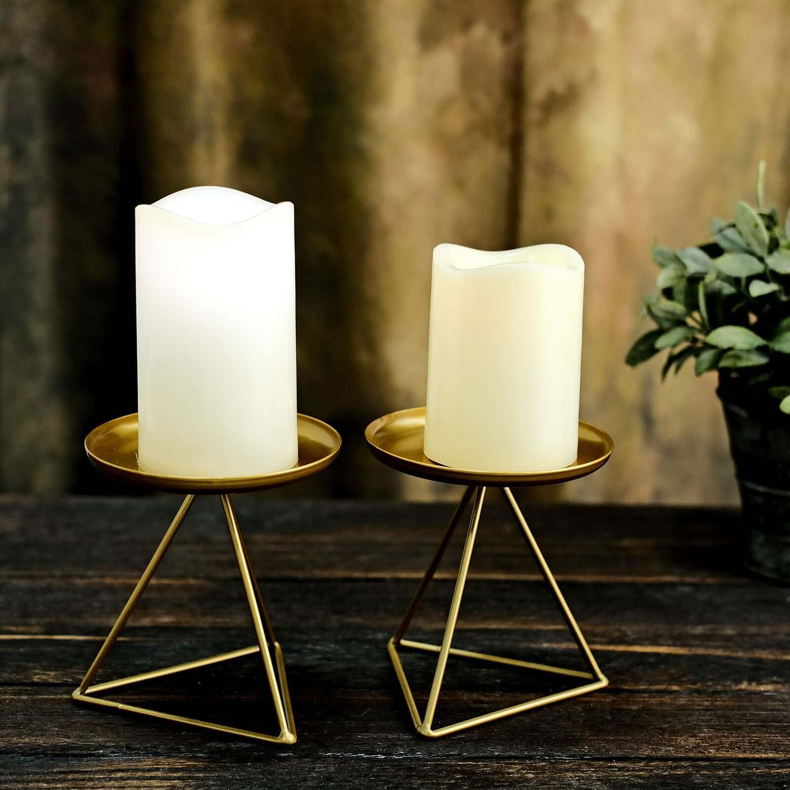 Efavormart 2 Pack 5 Inch Gold Metal Triangle Base Pillar Candle Holders - Geometric Candle Stands for Wedding Centerpieces, Table Decor, and Home Decoration