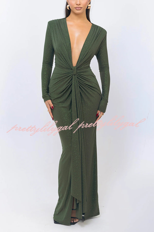 Elegant Solid Color Shiny V-Neck Long Sleeve Ribbon Slit Slim Fit Maxi Dress for Women - Perfect for Evening Parties, Date Nights & Special Occasions