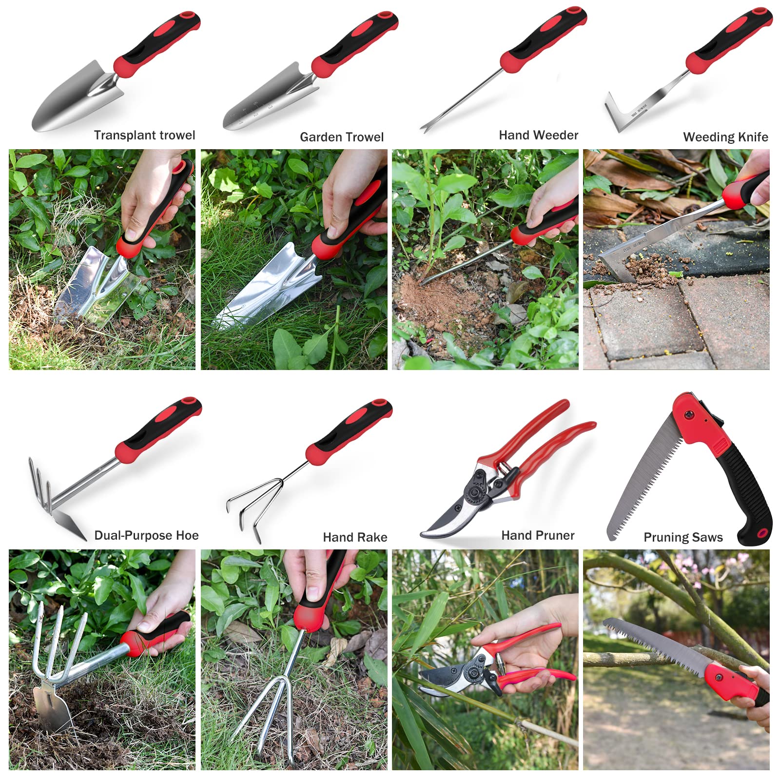 Premium 9-Piece Stainless Steel Heavy Duty Gardening Tool Set with Non-Slip Ergonomic Handles - Includes Durable Tote Bag - Ideal for Planting, Weeding & Landscaping - Perfect Gardening Gift for Women & Men (Red)