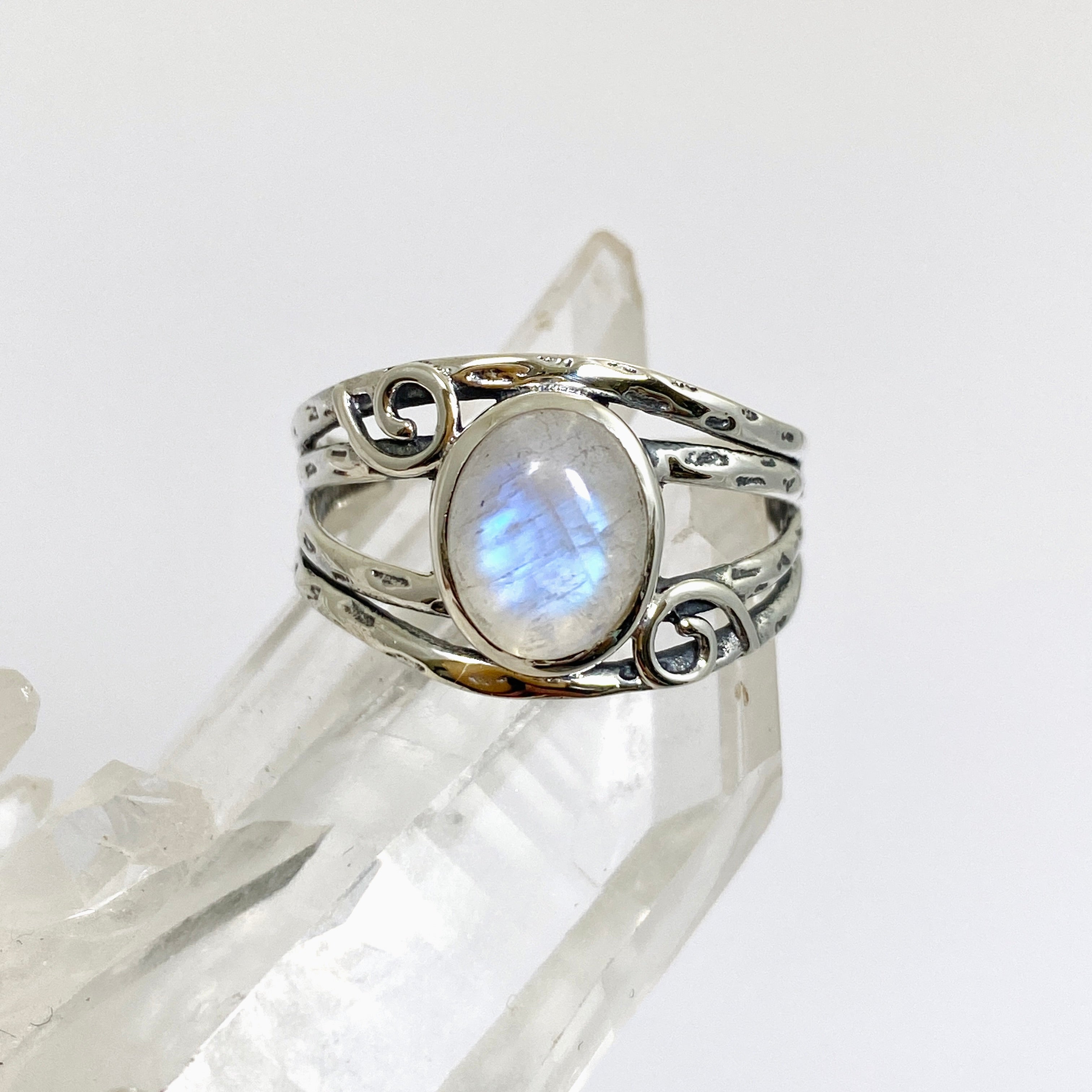 Moonstone Oval Cabochon Ring in Decorative Sterling Silver Setting R4025 - Elegant Jewelry for Women, Perfect for Weddings, Parties & Special Occasions