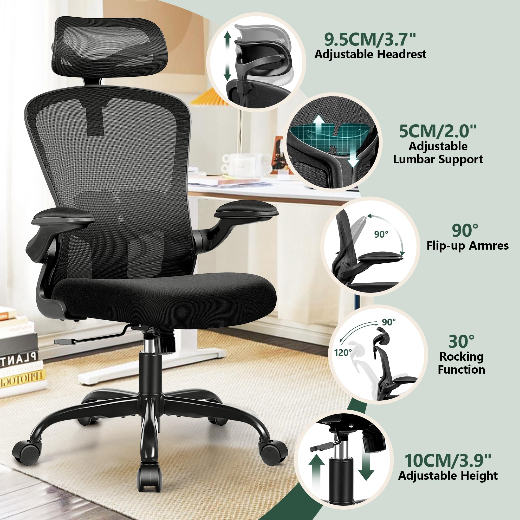 FelixKing Ergonomic Office Chair with Adjustable Lumbar Support, High Back Computer Desk Chair with Headrest & Flip-Up Armrests - Executive Swivel Chair with Wheels for Home Office, Gaming & Workspace Comfort