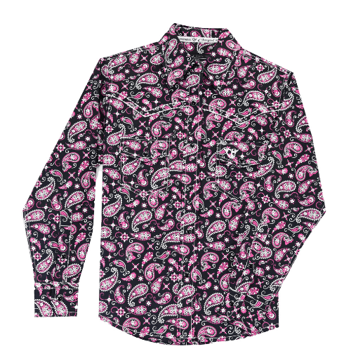 Youth Girl's Black and Pink Bandana Paisley Print Long Sleeve Shirt - Stylish & Comfortable for School, Outfits, and Casual Wear
