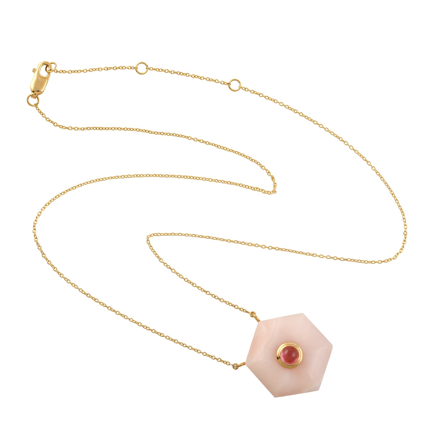 Hexagon Opal Pink Tourmaline Gemstone Necklace in 18k Yellow Gold - Elegant Designer Jewelry for Women, Perfect for Weddings, Anniversaries & Special Occasions