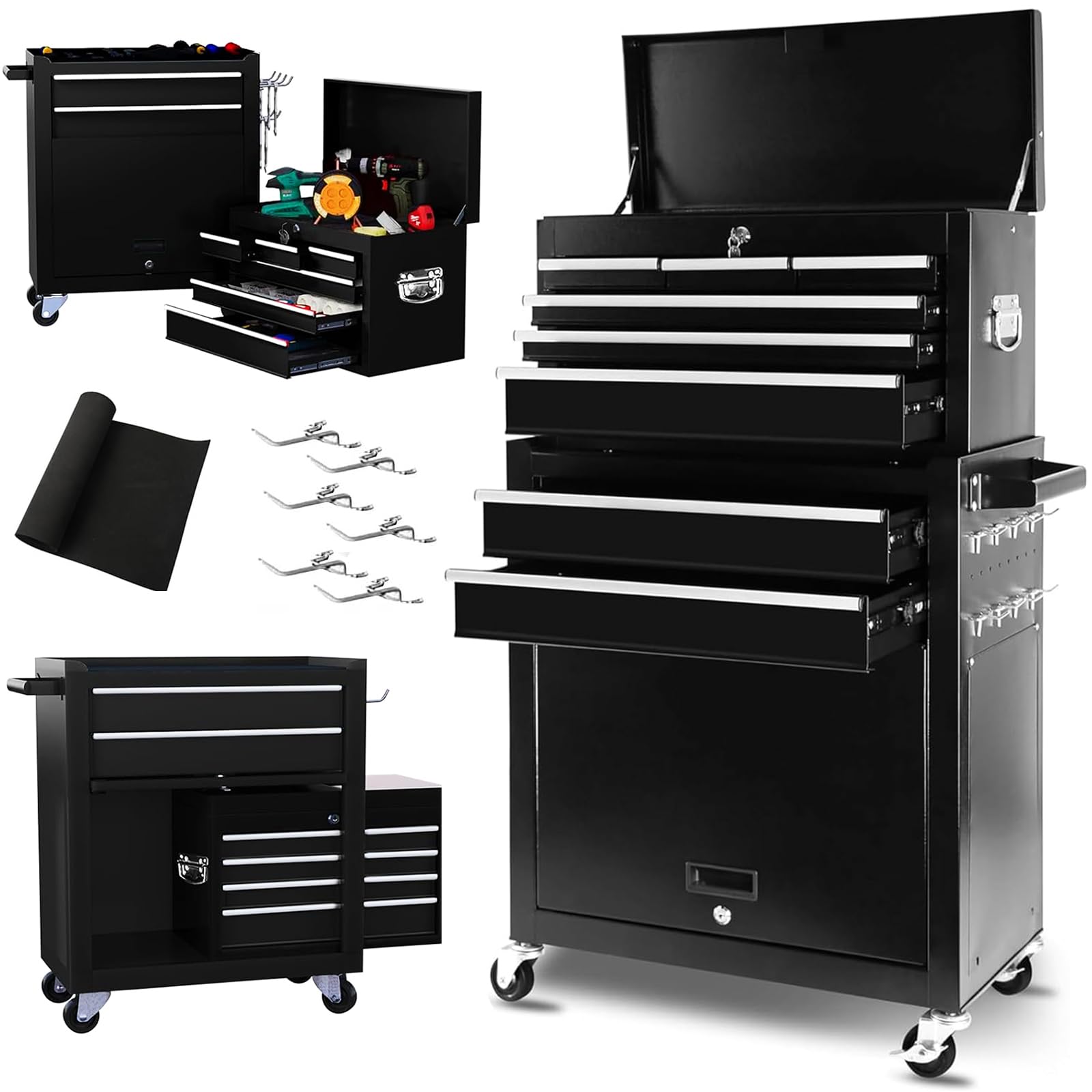 8-Drawer Rolling Tool Chest with Lockable Wheels & Sliding Drawers - 2-in-1 Tool Box Organizer & Garage Storage Cabinet - Heavy Duty Workshop Tool Chest with Detachable Top - Perfect for Mechanics, DIY Enthusiasts & Home Garage Organization (Black)