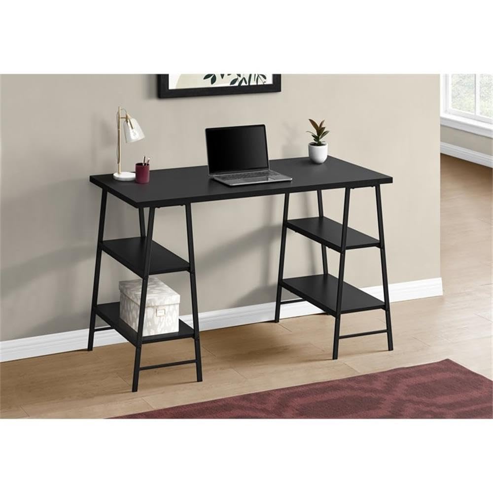 Pemberly Row 3-Tier Wood Top Sawhorse Computer Desk - Black Home Office Desk for Work, Study & Gaming | Sturdy Writing Table for Small Spaces & Dorm Rooms