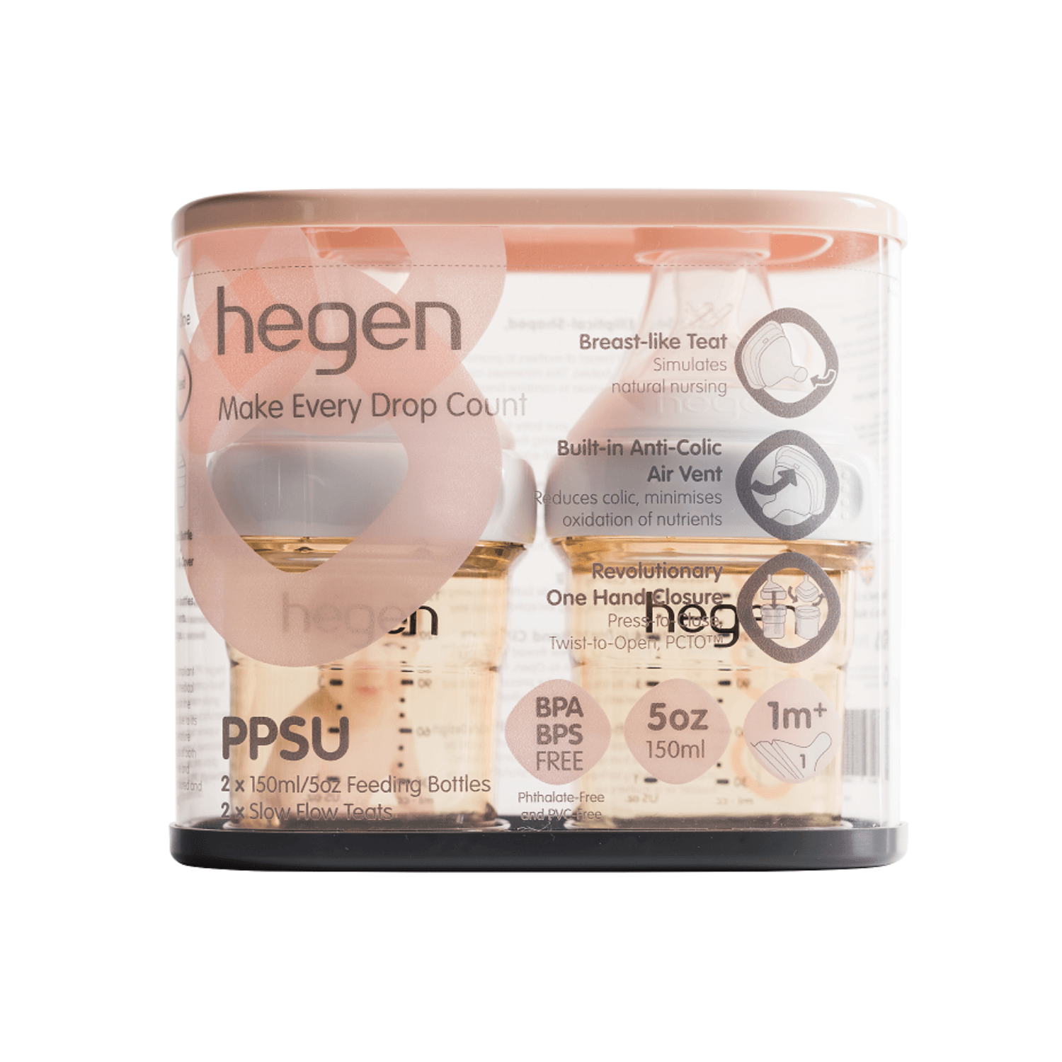 Hegen PCTO™ 150ml/5oz PPSU Baby Feeding Bottle 2 Pack with Slow Flow Nipples (1-3 Months) - Perfect for Newborns, Infants & On-The-Go Feeding