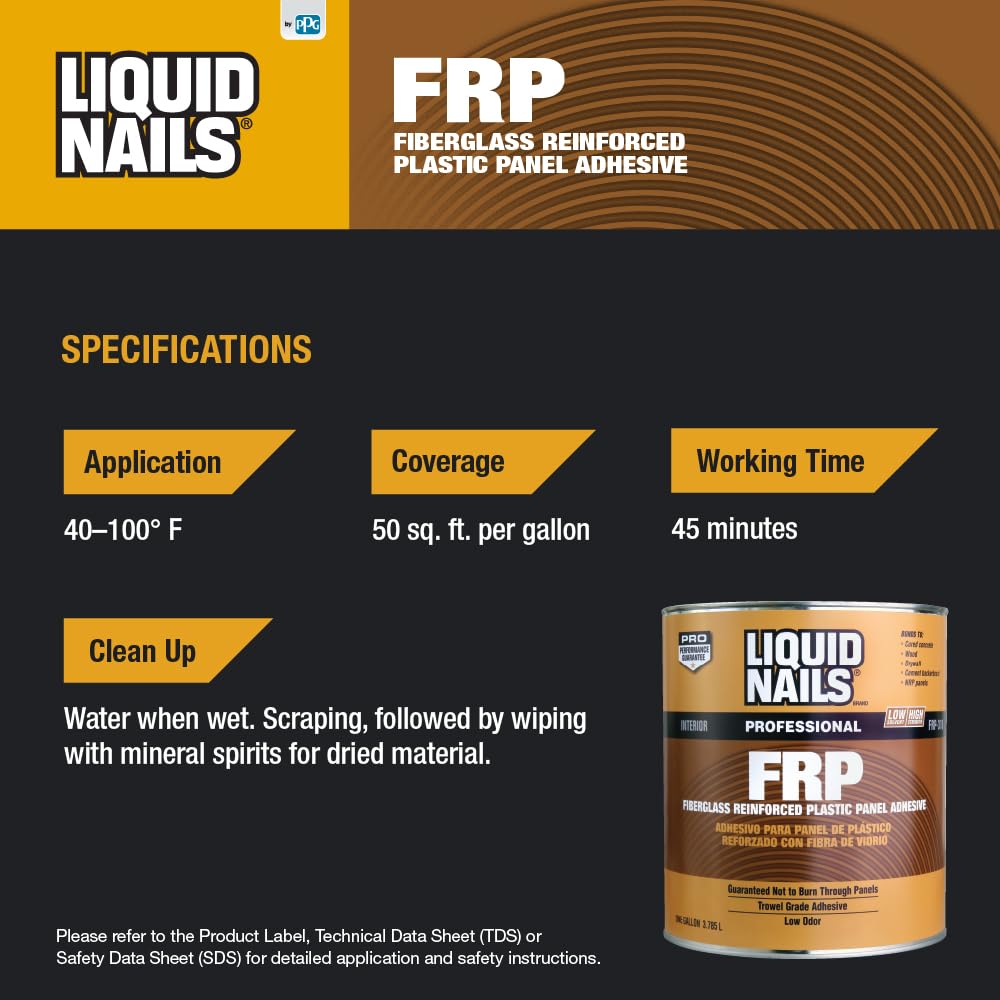 Liquid Nails FRP-310 Fiberglass Reinforced Panel Adhesive - 3.5 Gallon White Construction Adhesive for FRP Panels, Bathroom Walls & Commercial Kitchens