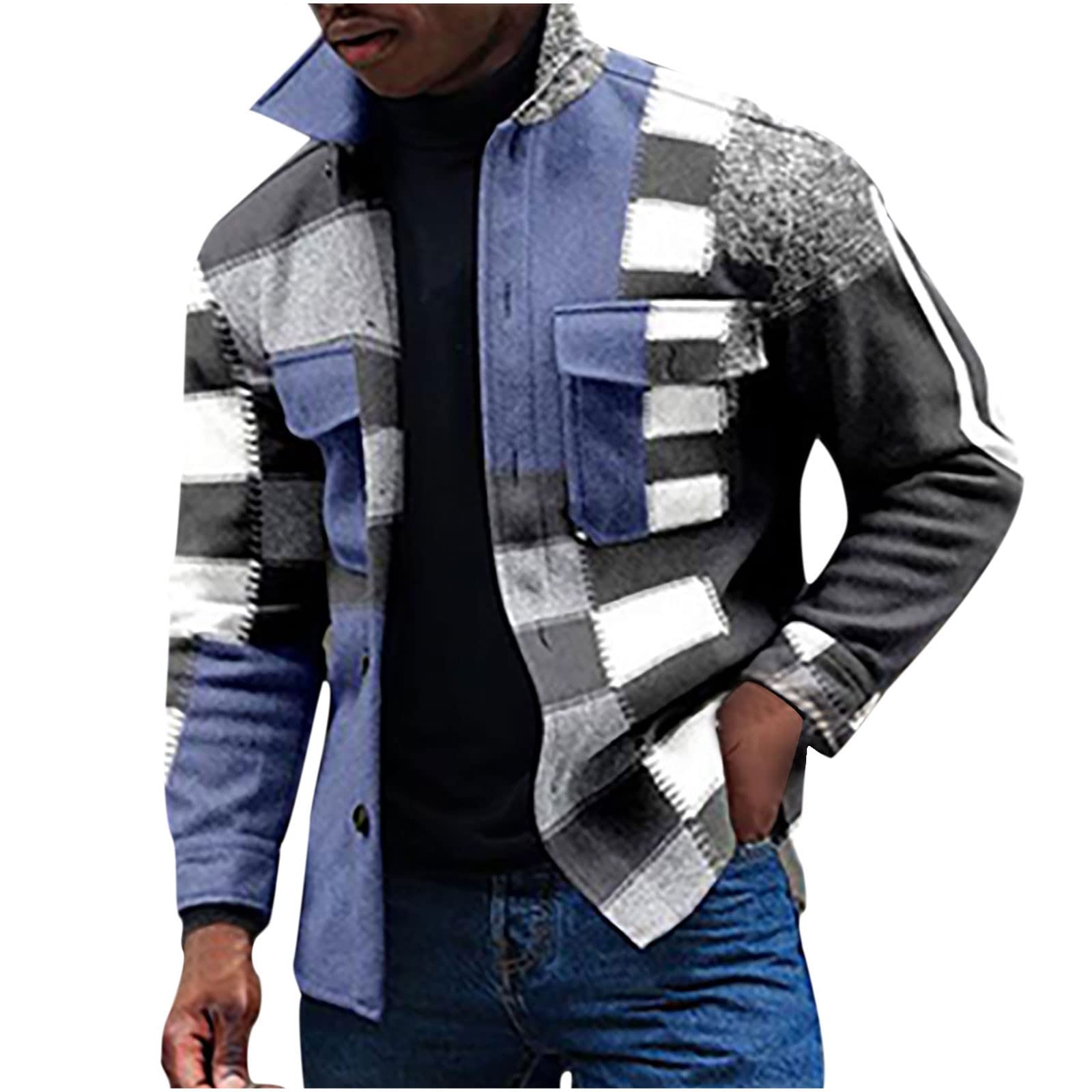 Men's Spring Fashion Coat - Plaid Lapel Long Sleeve Button Down Shirt & Cardigan Jacket for Casual Wear, Office Outfits and Date Night Looks