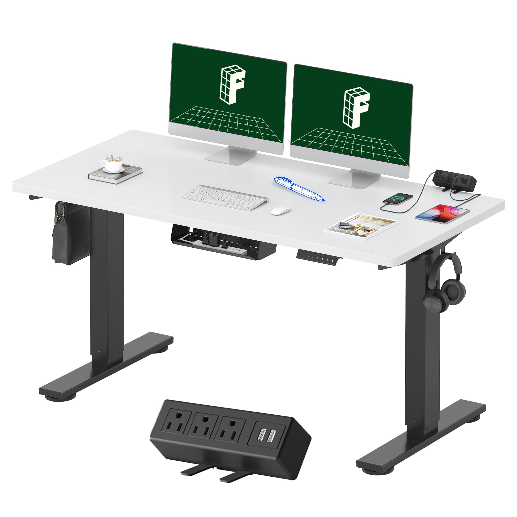 **FLEXISPOT EN2 Electric Standing Desk 55 x 28 Inches - Height Adjustable, Whole-Piece Design with Clamp Power Strip & Cable Management (Black Frame, White Top) - Perfect for Home Office, Gaming & Workspace**
