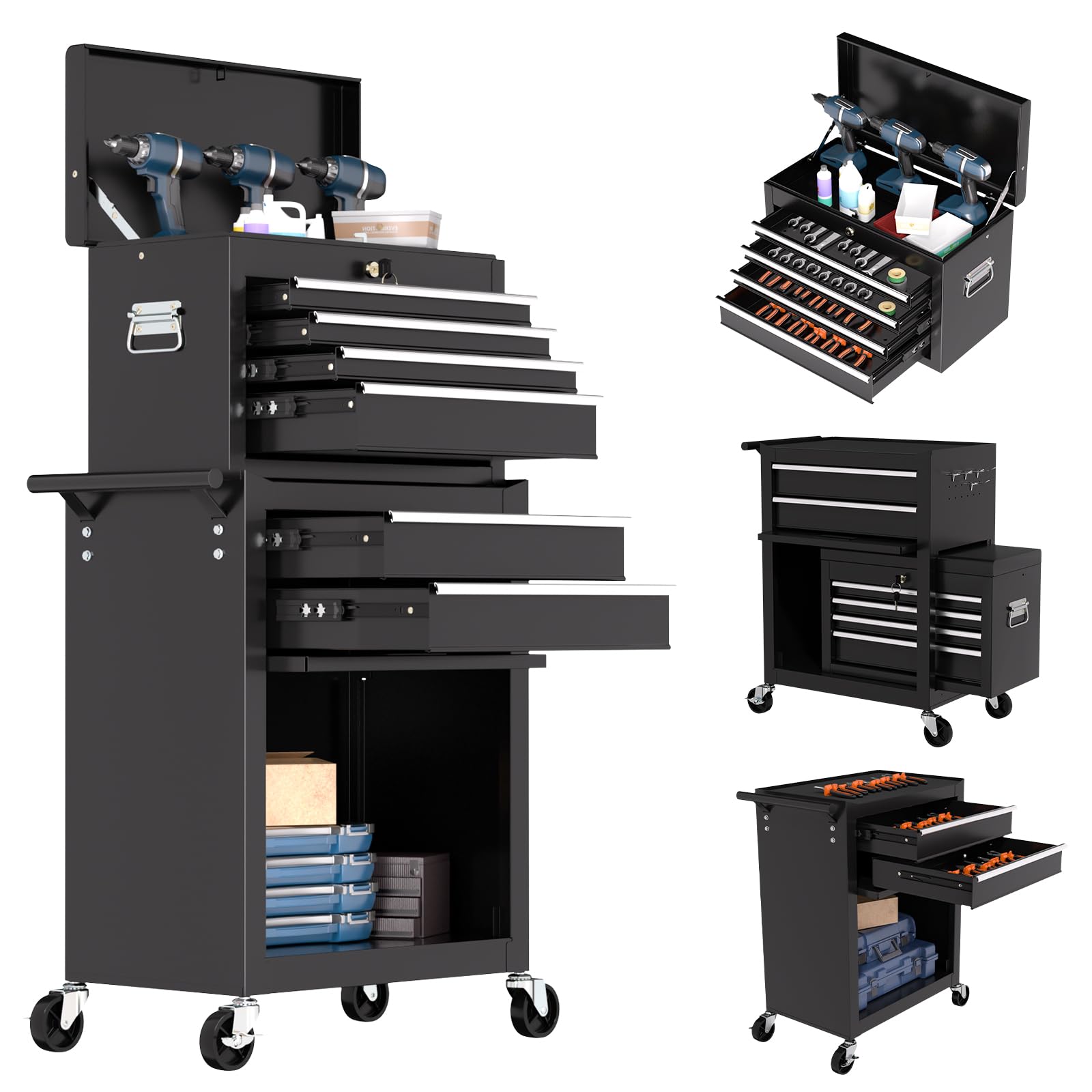 6-Drawer Black Rolling Tool Chest - 2-in-1 Lockable Metal Tool Cabinet with Removable Drawers & Wheels for Mechanics, Garage & Workshop | Heavy-Duty Tool Storage for Automotive Repair & DIY Projects