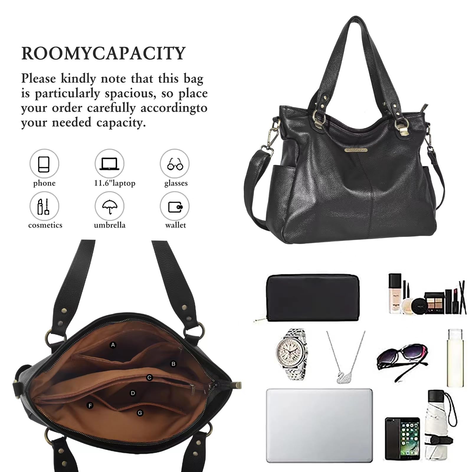 Blofinche Genuine Leather Hobo Bag for Women - Large Slouchy Tote Purse, Soft Real Leather Shoulder Handbag Satchel for Laptop, Work & Travel | Perfect for Office, Commuting & Everyday Use