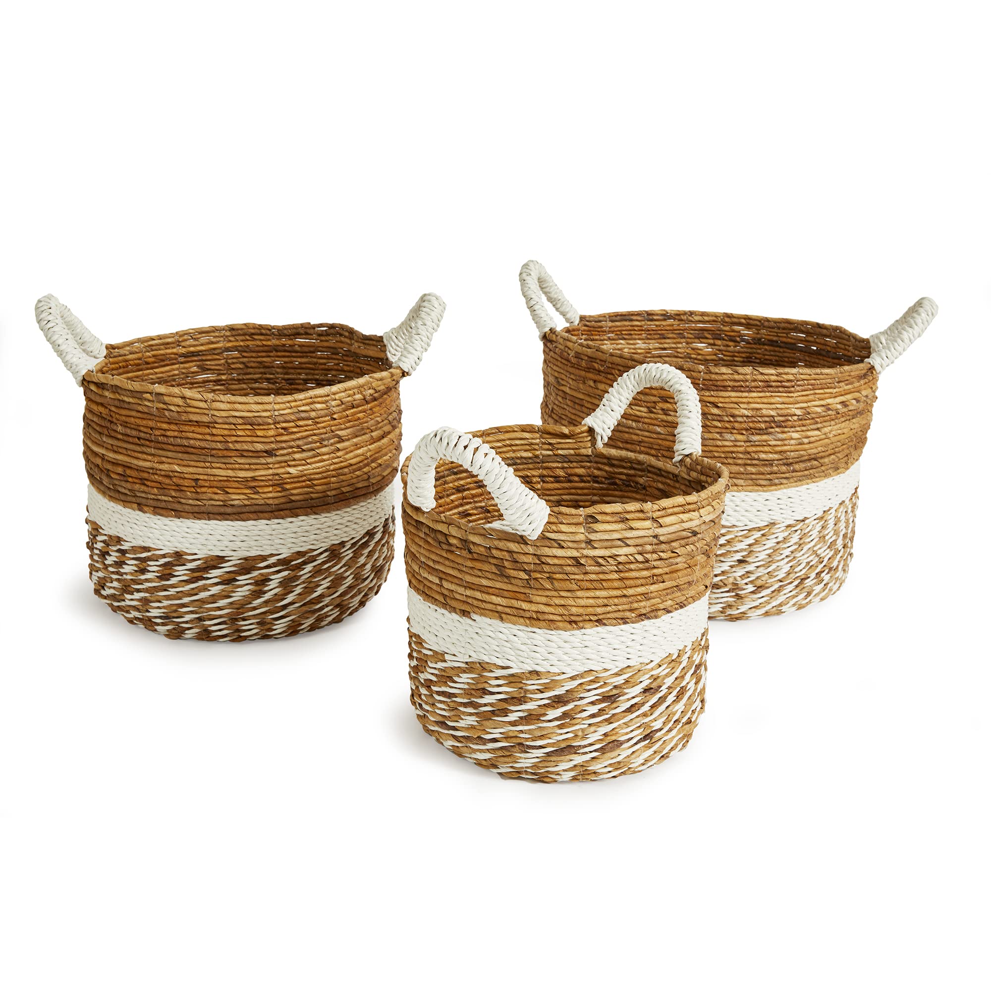 Napa Home & Garden Key Largo Round Woven Storage Baskets - Set of 3 White Decorative Baskets for Home Organization, Laundry, Bathroom & Living Room Decor