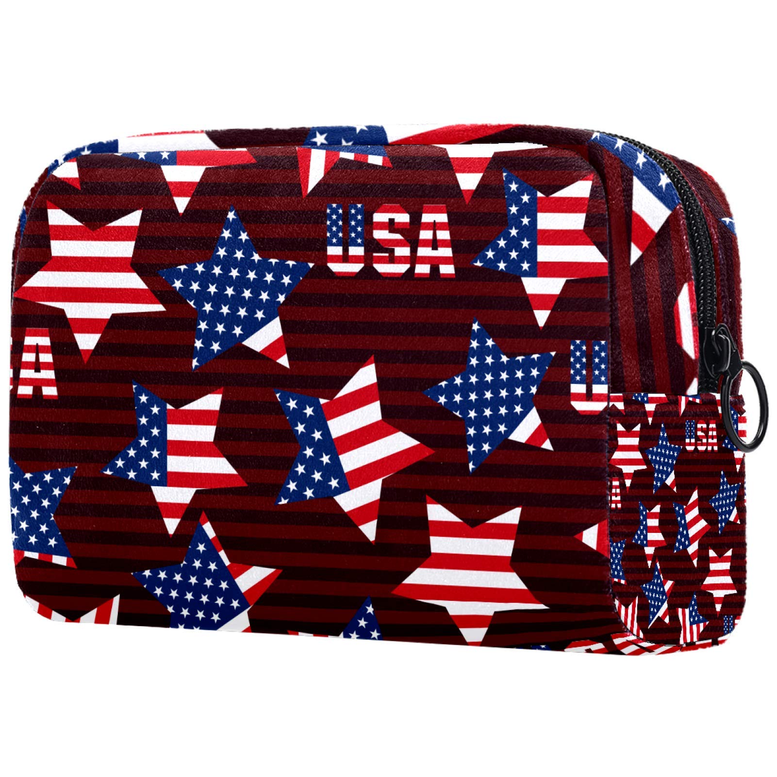 Stylish USA Flag Themed Waterproof Cosmetic Bag for Women - Roomy Makeup & Toiletry Organizer with Blue Red Stars Stripes - Perfect for Travel, Gym & Daily Essentials Storage