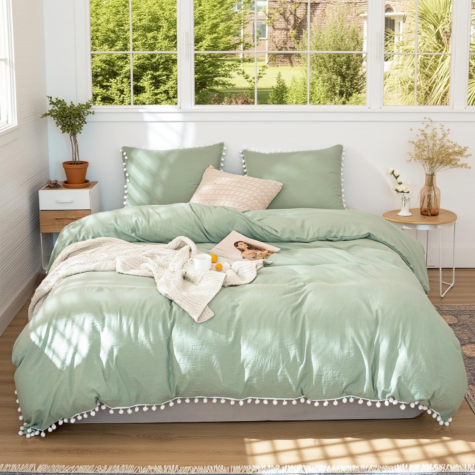 King Size Sage Green Pom Pom Comforter Set - 3 Piece Farmhouse Boho Bedding | 100% Washed Microfiber, Soft & Lightweight Fluffy Duvet Cover | Perfect for Master Bedroom, Guest Room & Cozy Farmhouse Decor