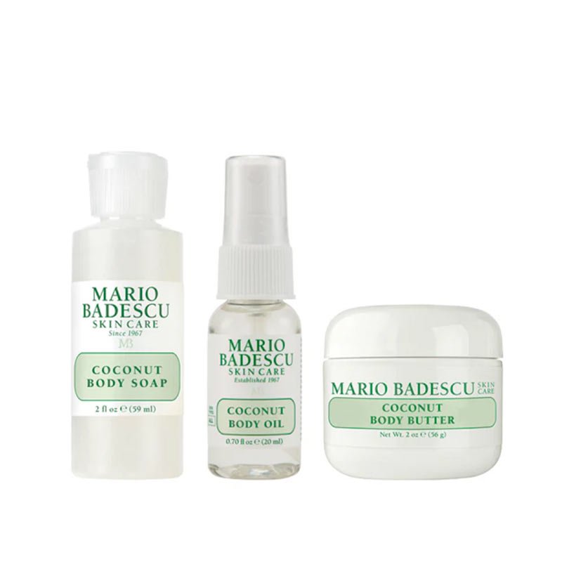 Mario Badescu Coconut Body Travel Trio Gift Set - Hydrating Body Lotion, Body Wash & Body Scrub for Soft Skin - Perfect for Vacation, Travel & Gifting