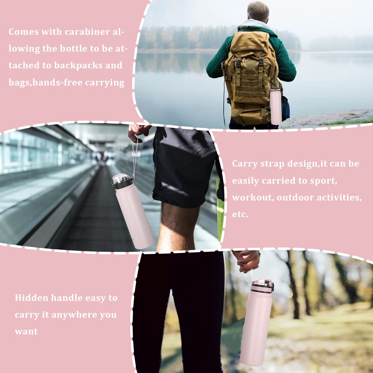 GOPPUS 32 oz Insulated Stainless Steel Water Bottle with Straw & Wide Mouth Lid - Double Wall Vacuum, Leakproof, Reusable Metal Sports Bottle with Strap (Pink, 3 Lids) - Perfect for Gym, Hiking, Running & Outdoor Activities