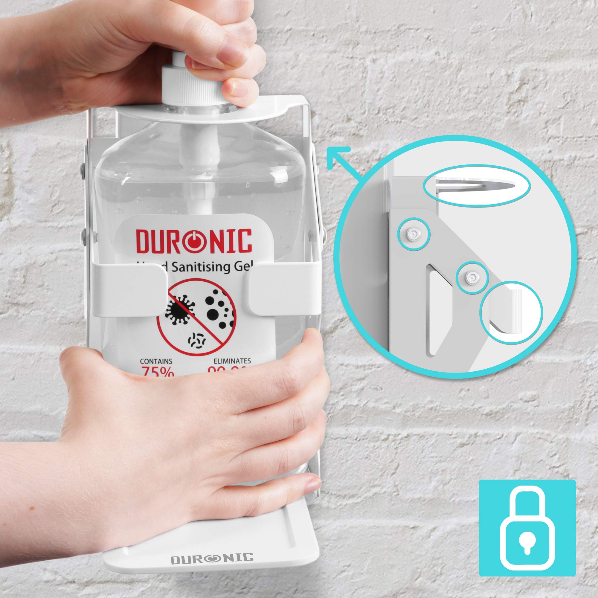 Duronic STW S1L Wall Mounted Hand Sanitizer Dispenser with Drip Tray - Holds 1L S1000ML Pump Bottle | Anti-Theft Locking System | Easy Installation for Homes, Offices & Public Spaces
