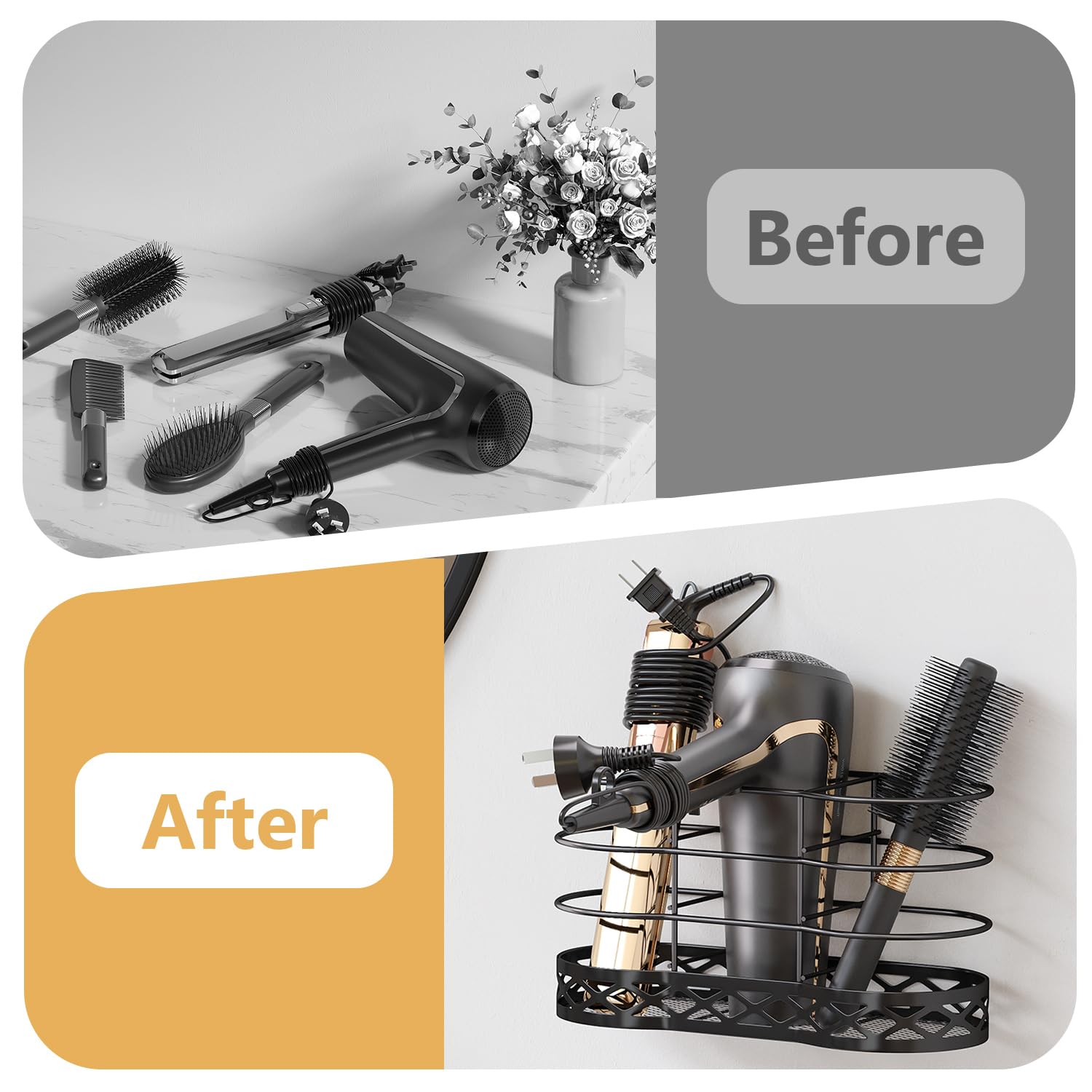 Black Hair Dryer Holder & Organizer - Wall Mount Blow Dryer Storage for Bathroom, Cabinet Door - Perfect for Hair Styling Tools Like Flat Irons & Curling Straighteners - Ideal for Salon, Home & Travel Use