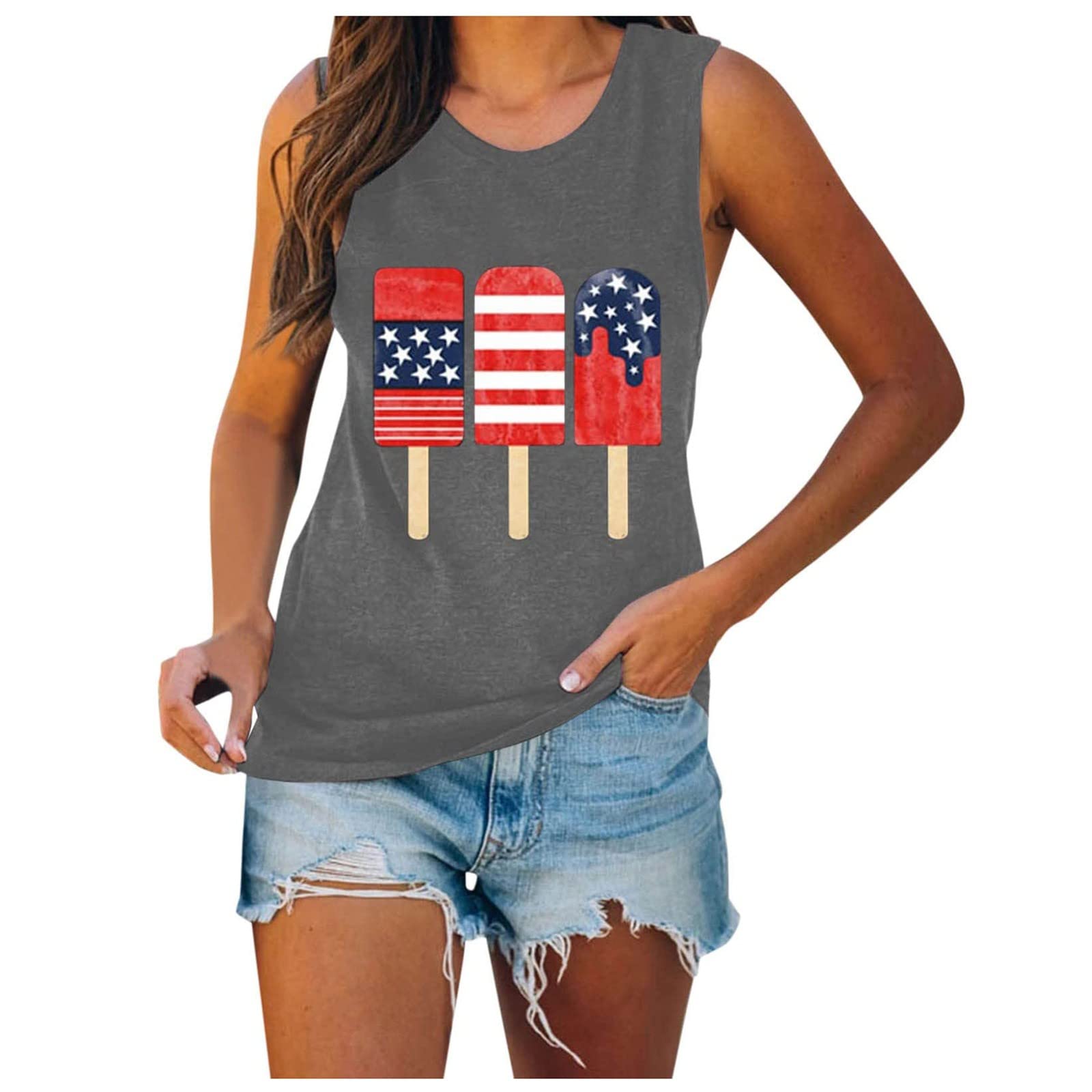 Stylish Women's Summer Vest Tops - 4th of July Printed Round Neck Sleeveless Pullover Shirt | Casual Outfit for Beach, Party & Independence Day Celebrations