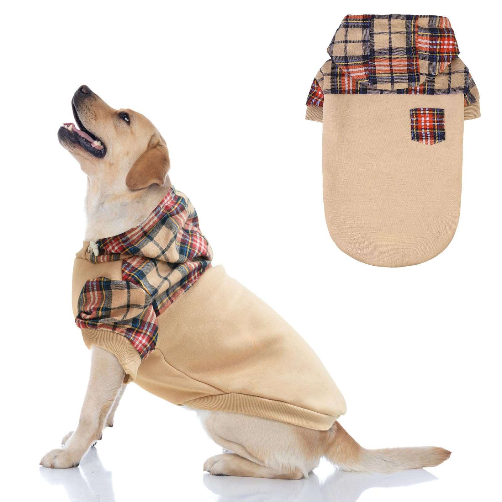 Plaid Dog Hoodie for Small, Medium & Large Dogs - Warm Fleece Sweatshirt with Hat & Leash Hole | Cozy Pullover Dog Sweater for Puppies, Bulldogs & All Breeds (XS, S, M, L) - Perfect for Winter Walks & Outdoor Adventures