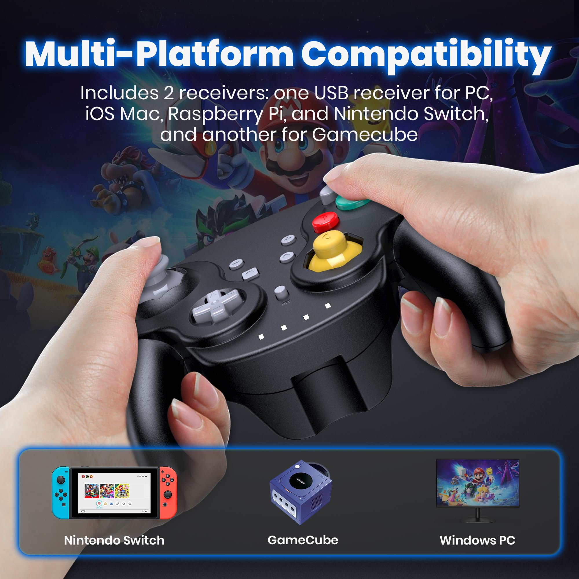 2 Pack 2.4GHz Wireless GameCube Controller for Nintendo Switch & PC - Rechargeable, Plug & Play with Vibration - Compatible with Windows, Mac, iOS, Raspberry Pi & Steam - Perfect for Super Smash Bros, Mario Kart & Retro Gaming