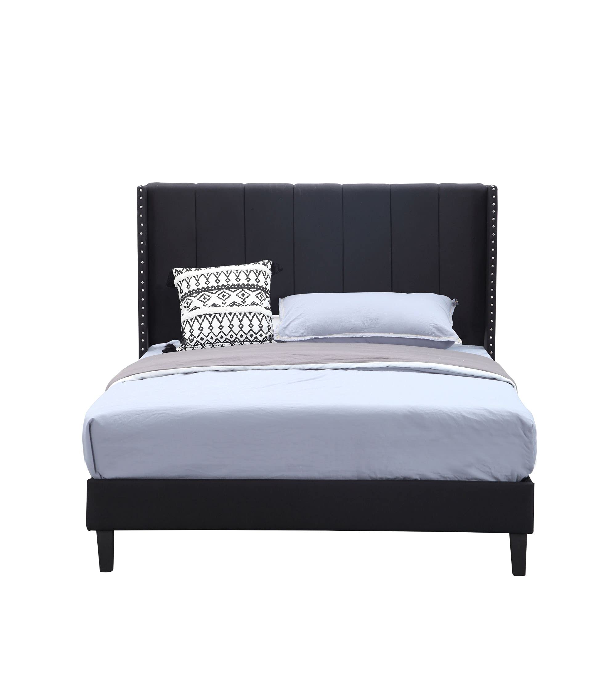 Modern Upholstered Full Size Bed Frame with Headboard & Wood Slat Support - Faux Leather Platform Bed No Box Spring Needed - Easy Assembly Black - Perfect for Guest Rooms, Apartments & Modern Bedrooms