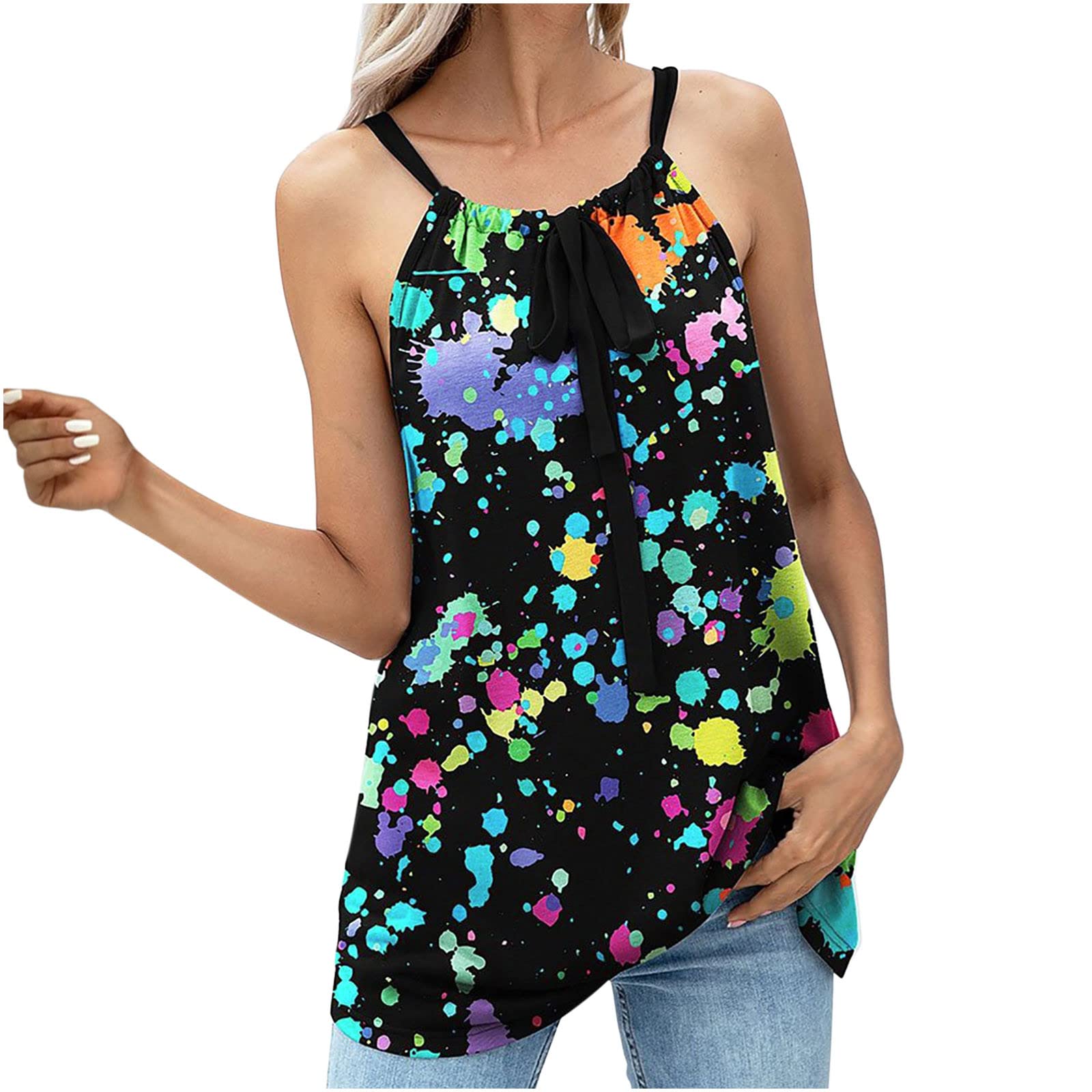 Sexy Women's Summer Tops - Floral & Polkadot Printed Sleeveless Suspender Blouse with Flowy Hem | Perfect for Beach Vacations, Date Nights & Casual Outings
