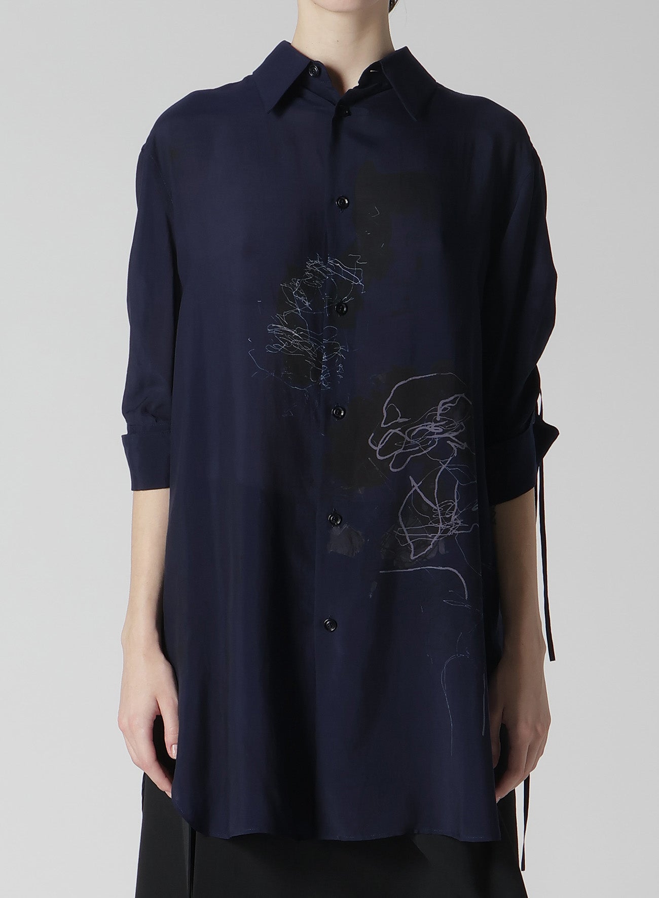 CU/LAWN Floral Sketch Print Shirred Sleeve Blouse - Women's Fashion Top for Spring Summer, Office Wear & Casual Outings