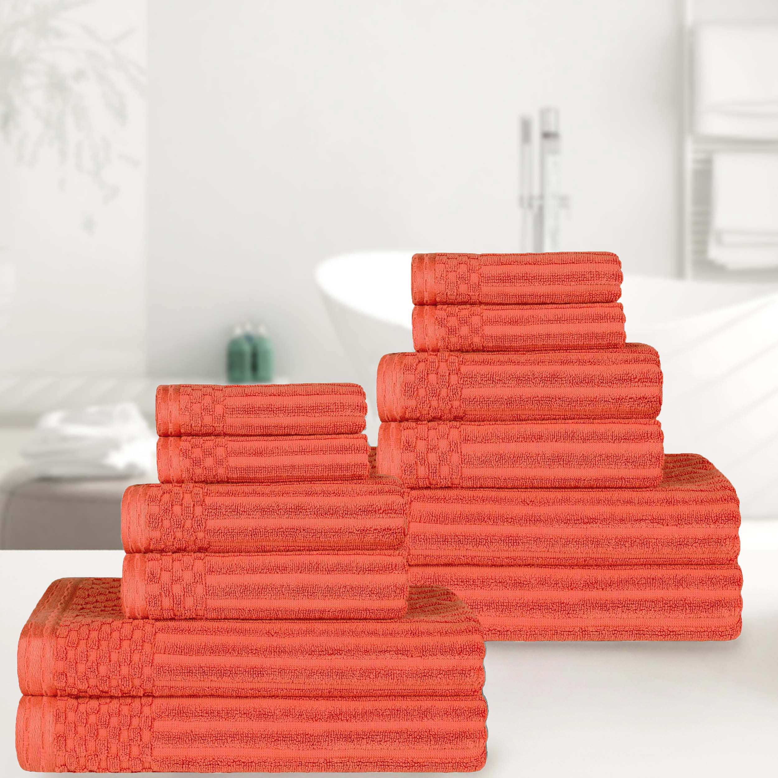 Premium 12-Piece Ribbed Cotton Towel Set - Soft, Absorbent & Medium Weight - Perfect for Bathroom, Spa & Guest Use
