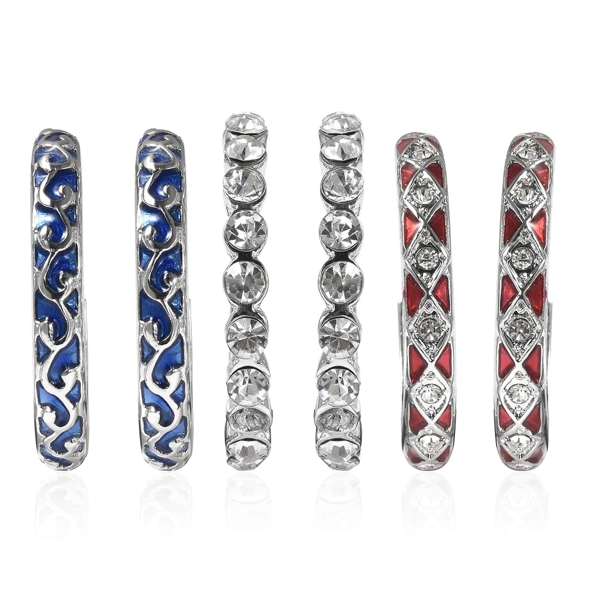 3-Piece White Crystal Silvertone Red Enamel Cross Hoop Earrings Set - 0.02 Ct Christian Religious Jewelry for Women | Catholic Faith Gifts, Birthday Present, Church Wear & Special Occasion Accessories