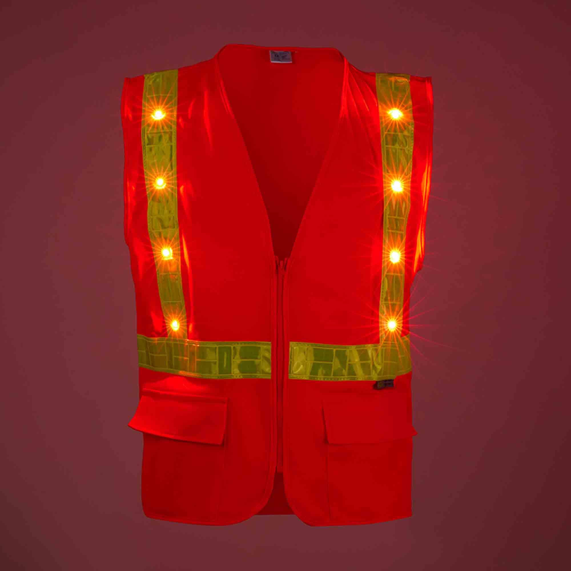 10 Pack High Visibility LED Safety Vest with Yellow PVC Reflective Strips - ANSI Class 2 Certified, Zipper & Pockets - Neon Orange for Construction, Road Work & Emergency Responders