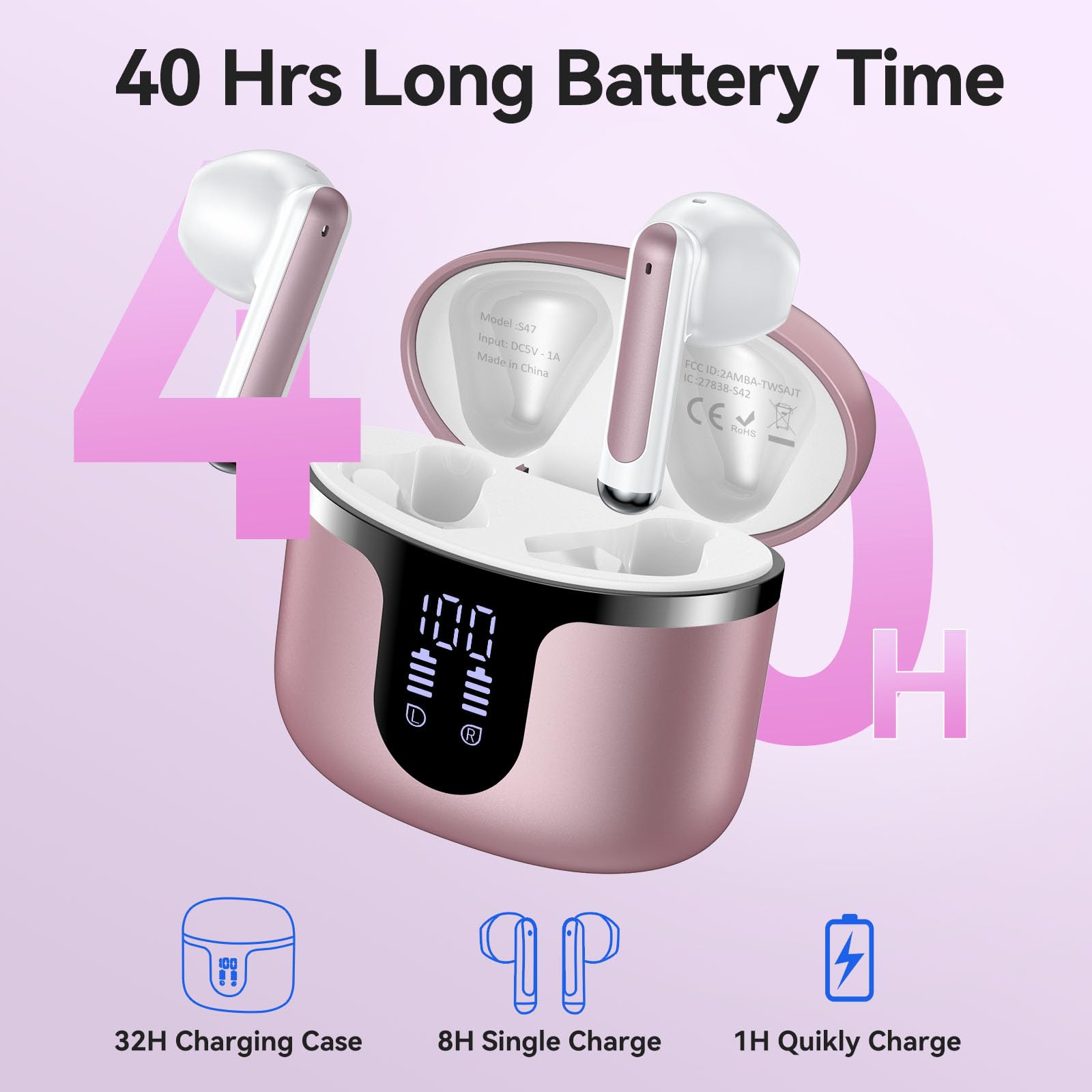 Bluetooth 5.3 Wireless Earbuds with ENC Noise Cancelling - 42H Playtime for Running & Workout