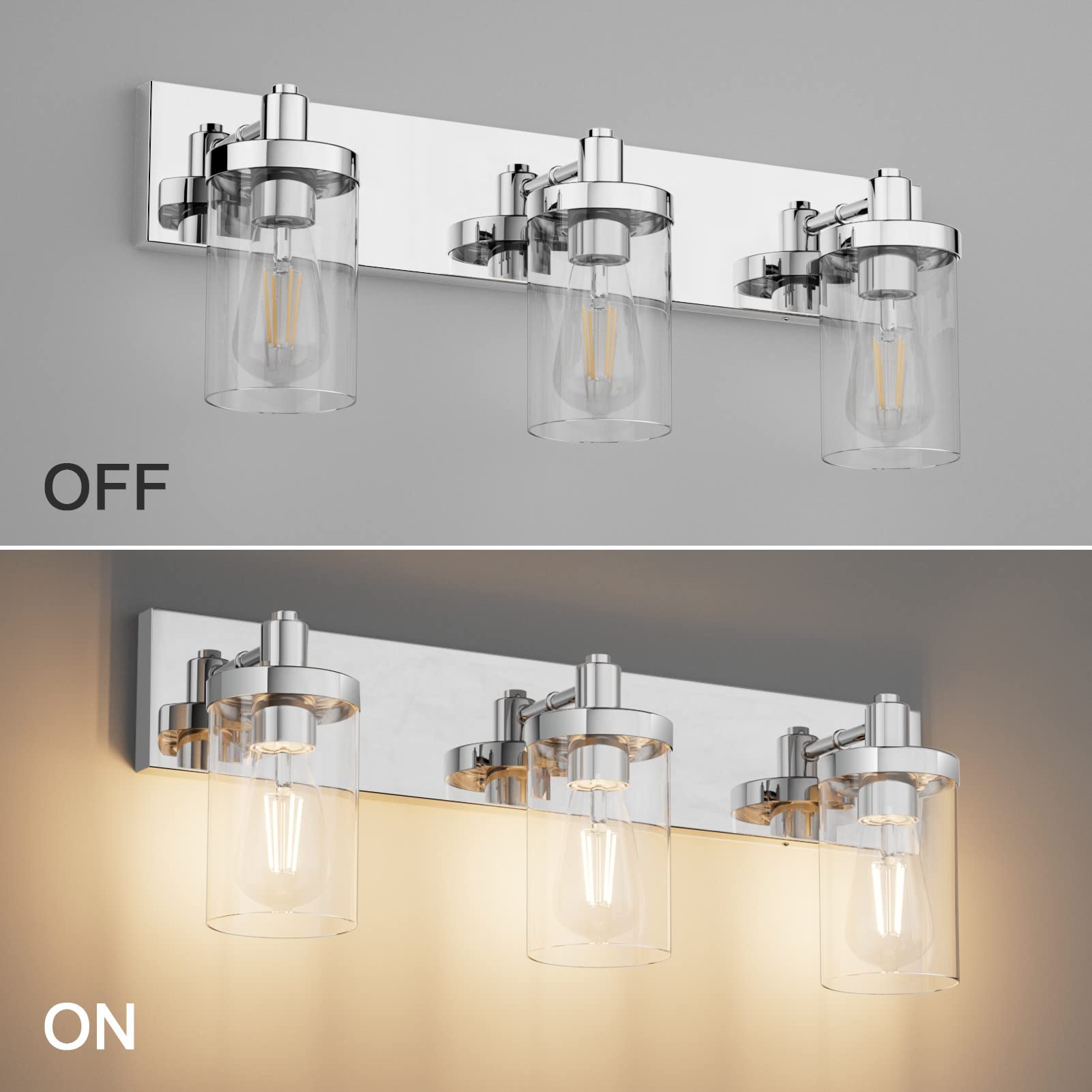 **Aipsun Chrome Vanity Light for Bathroom - 3 Light Farmhouse Style Bathroom Lighting Fixture with Clear Glass Shade (Bulbs Not Included) - Perfect for Over Mirror, Dressing Room, and Modern Home Decor**