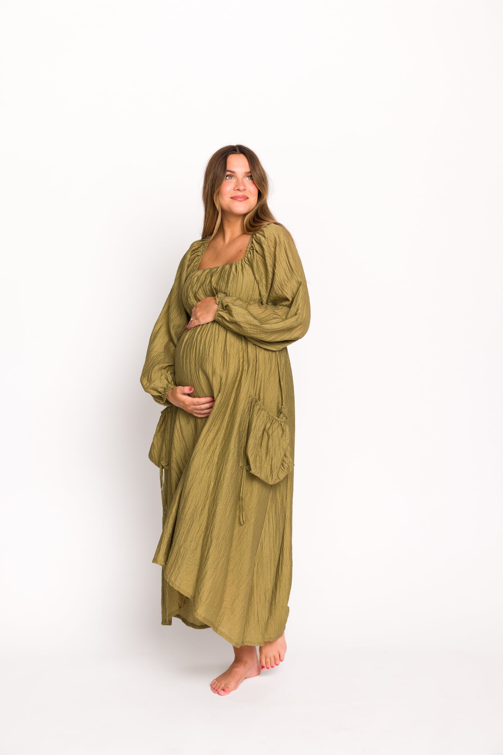 Ariana Women's Olive Long Sleeve Maxi Dress with Slouchy Pocket - Elegant Boho Style for Casual Wear, Date Night & Fall Fashion