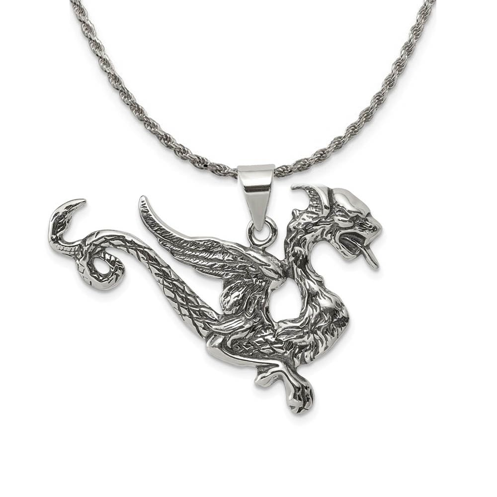 Antique Dragon Pendant Necklace - 37mm Sterling Silver Black Bow Jewelry for Women | Gothic Fashion, Cosplay & Medieval Style Accessories