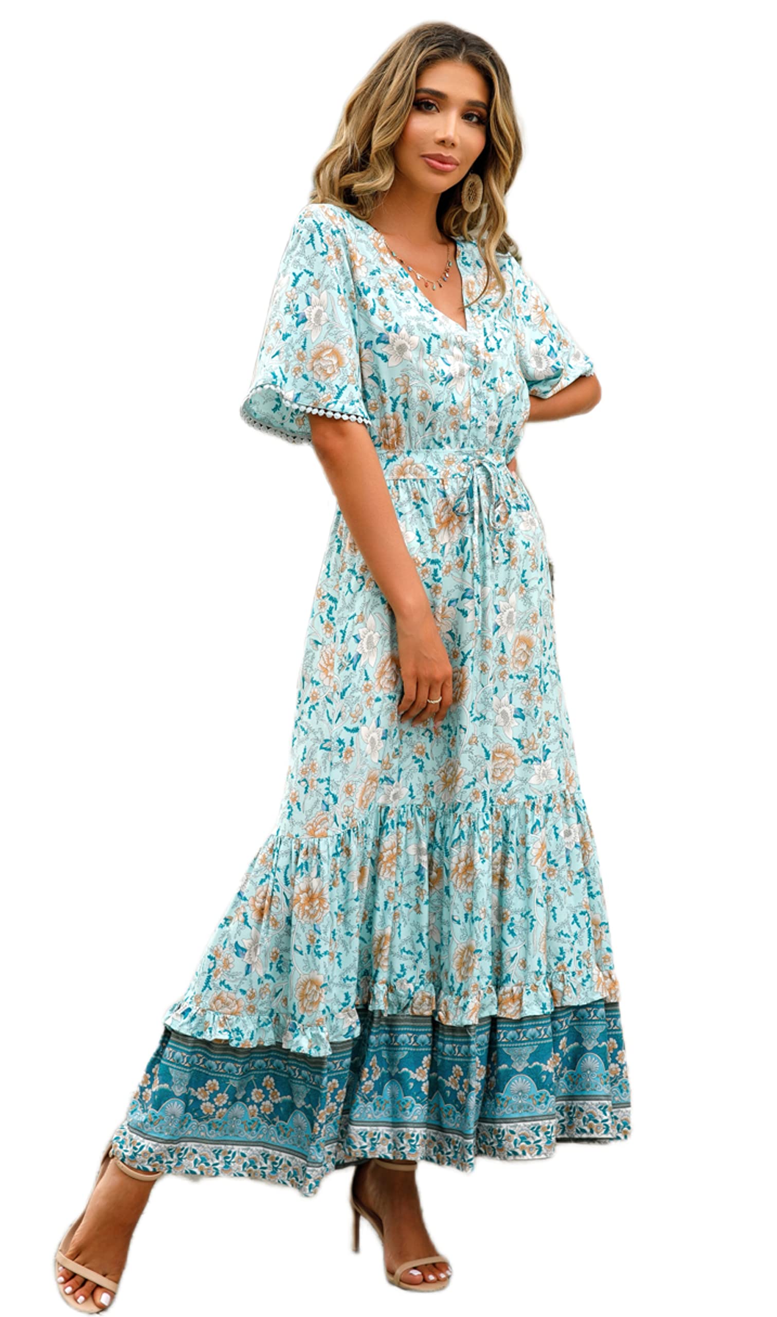 R.Vivimos Women's Summer Boho V-Neck Button Up Short Sleeve Floral Print Ruffle Hem Maxi Dress - Beach Vacation, Music Festival & Date Night Outfit