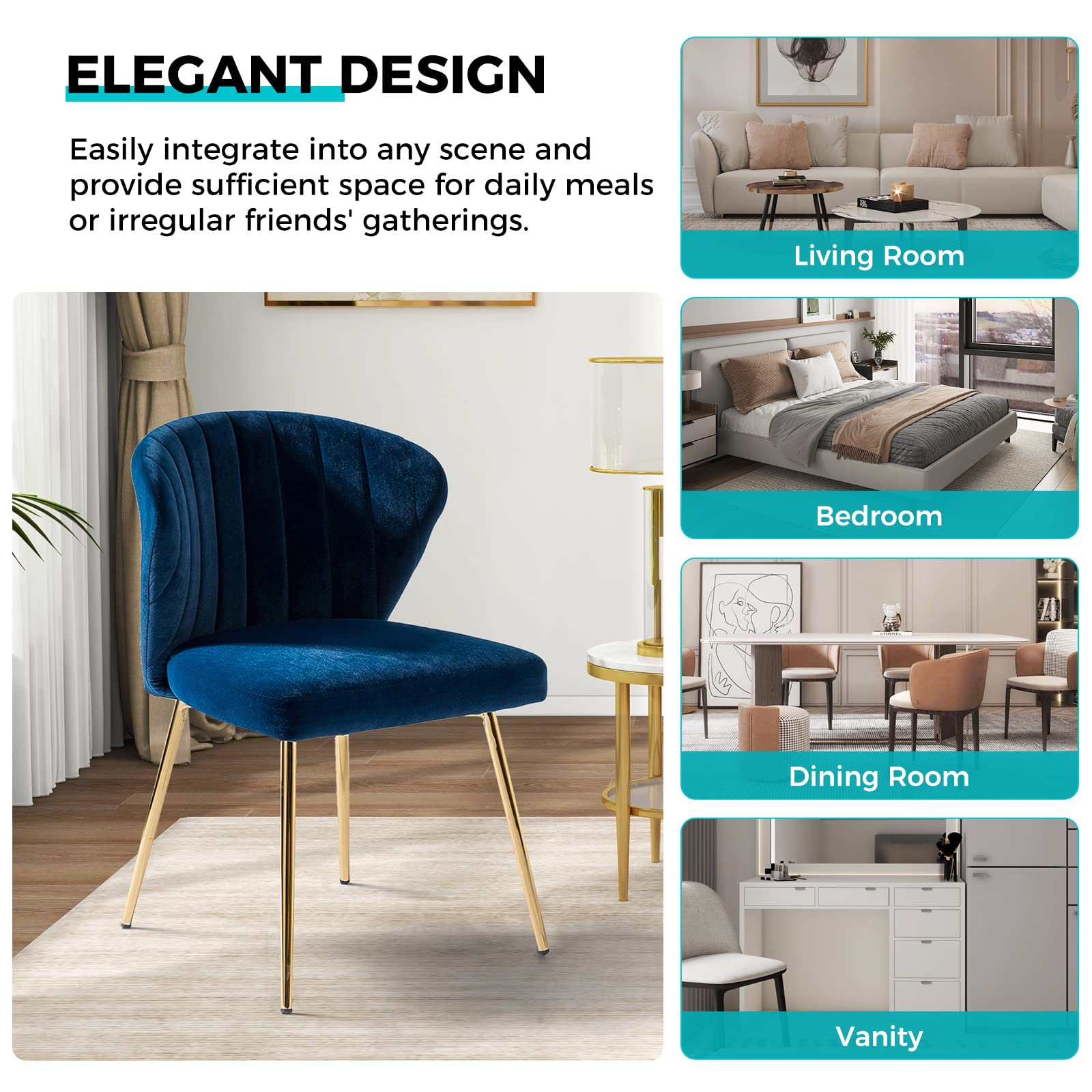 Modern Velvet Dining Chair with Golden Metal Legs - Navy Blue Tufted Accent Chair for Living Room, Kitchen, Bedroom & Beauty Salon - Comfortable Small Upholstered Side Chair for Home & Office Use