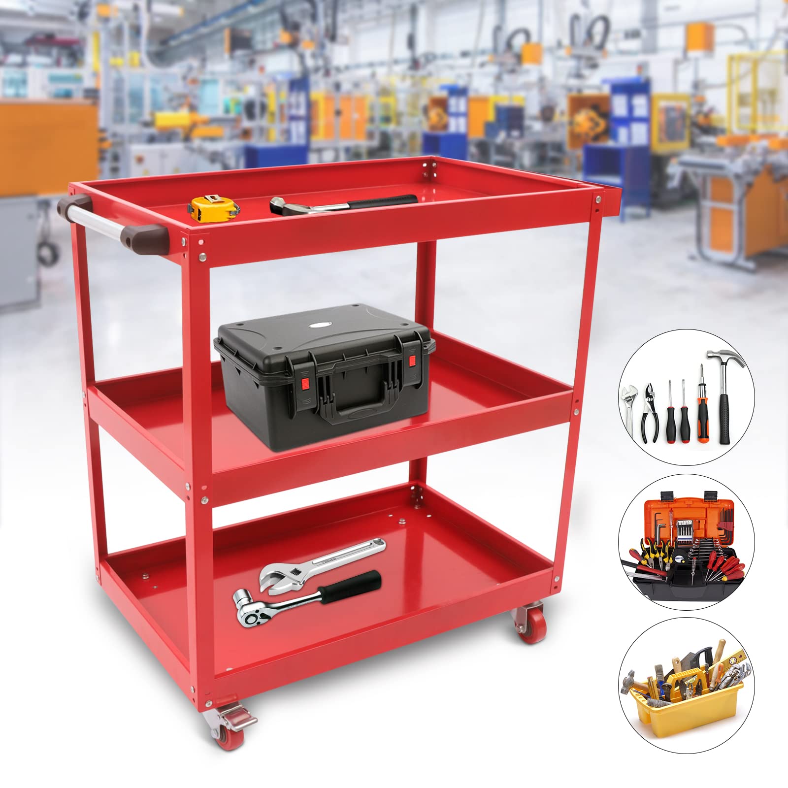 3-Tier Heavy Duty Steel Rolling Tool Cart with Wheels - Industrial Mobile Utility Cart for Garage, Warehouse & Repair Shop - Perfect for Organizing Tools, Equipment & Supplies (Red)
