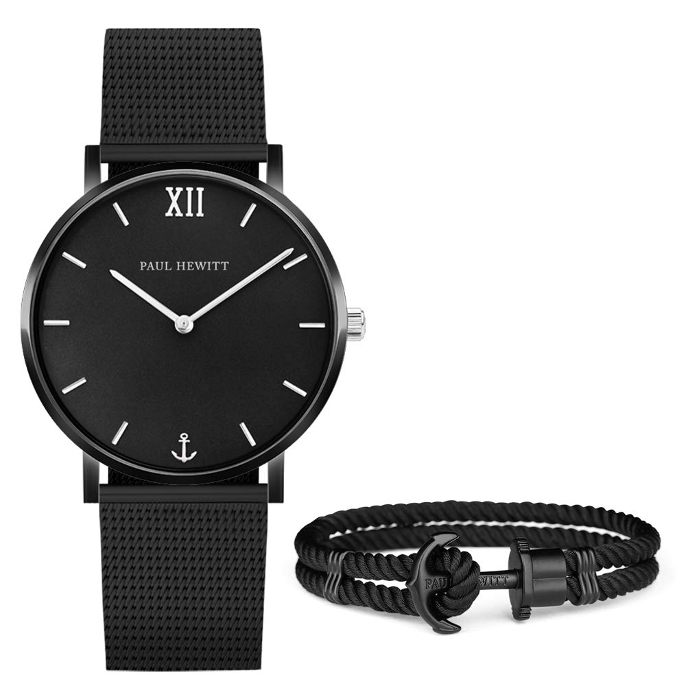 PAUL HEWITT Stainless Steel Sailor Line Watch & Bracelet Set - Black Sunray Dial & PHREP Black Bracelet - Unisex Gift Box for Men & Women - Perfect Anniversary, Birthday, or Valentine's Day Present
