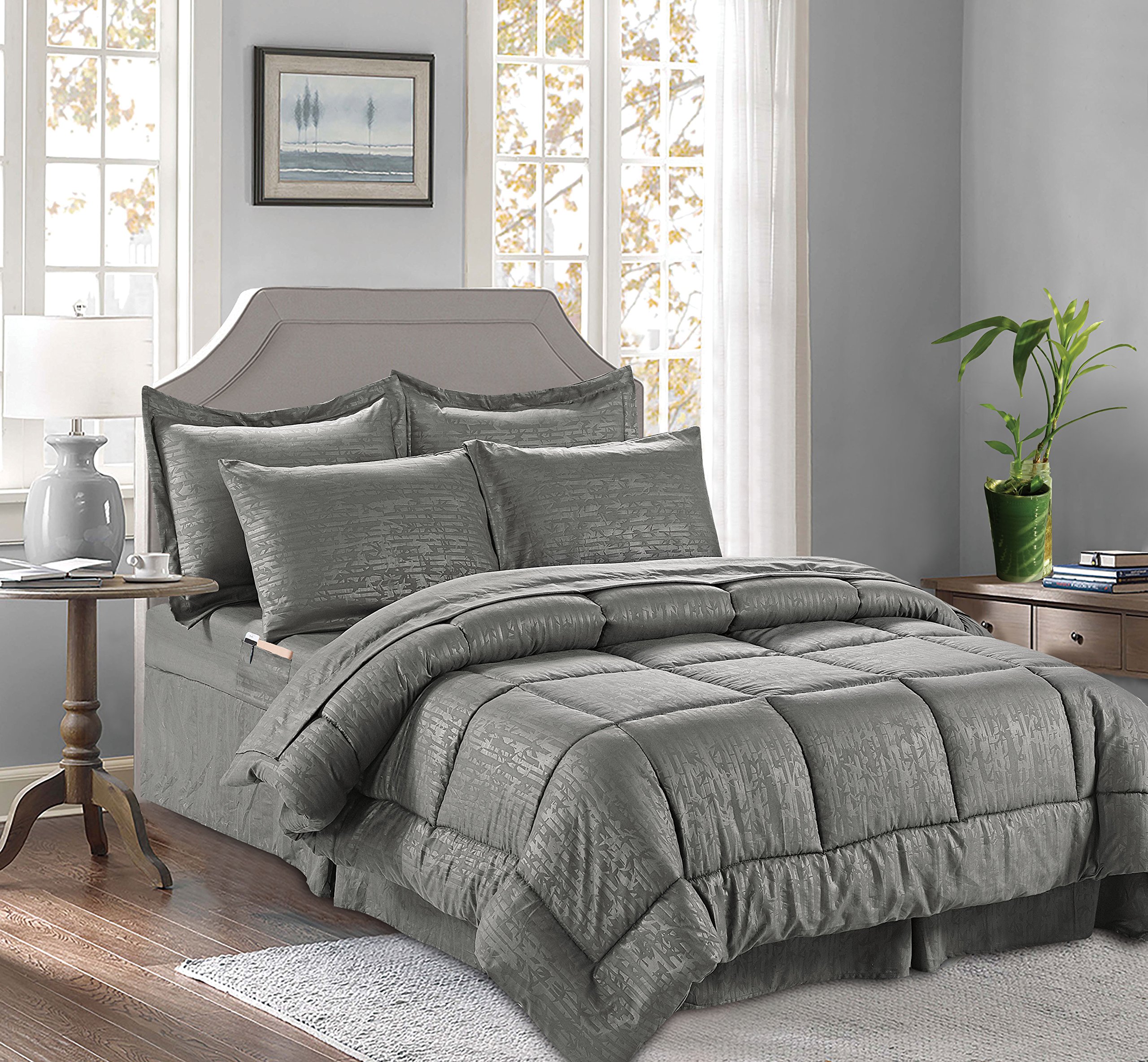 Premium CELINE LINEN 8-Piece Bamboo Design Comforter Set - Ultra Soft King/Cal King Size Bedding with Double-Sided Storage Pockets, Gray - Luxury Bedroom Decor for Master Suite & Guest Room