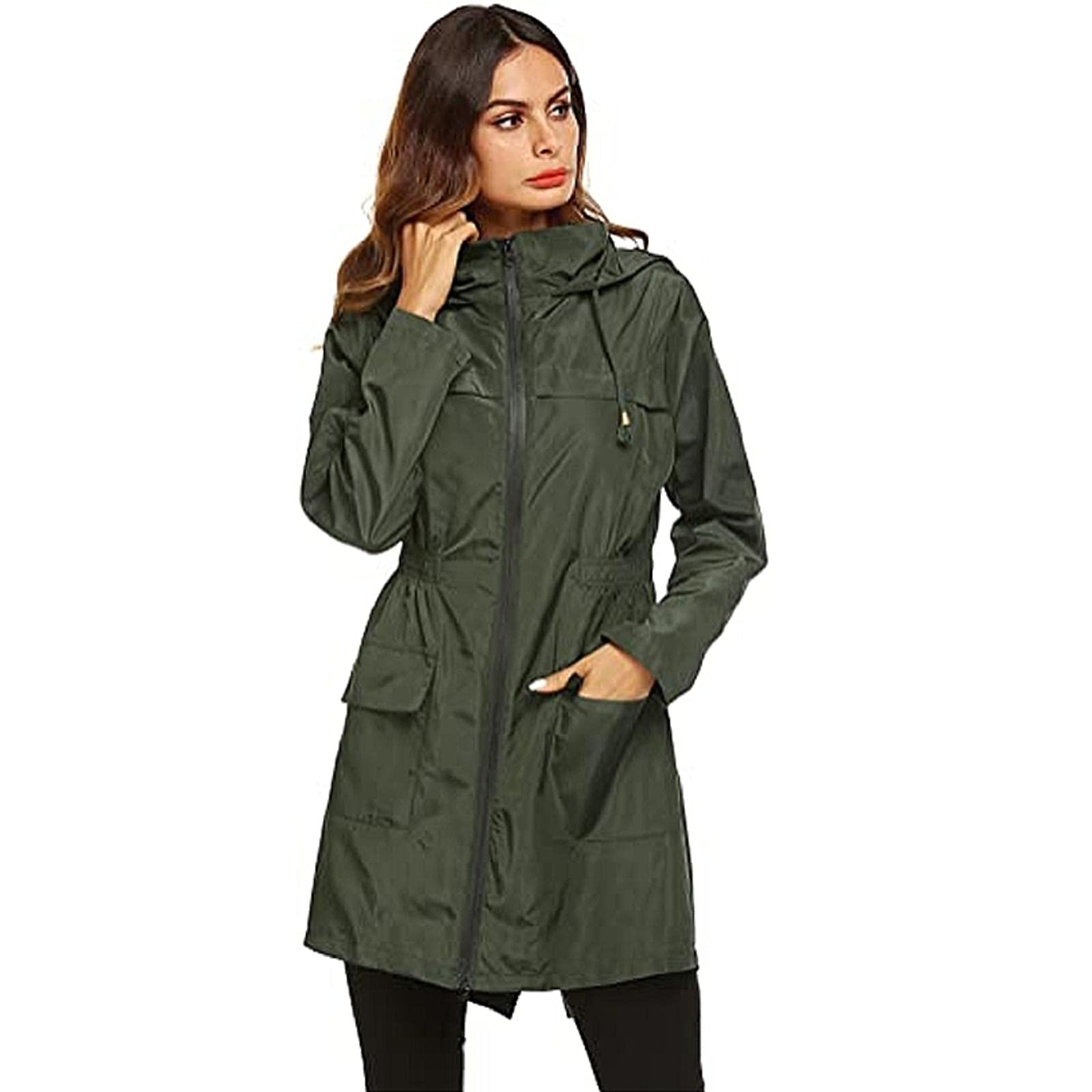 Women's Waterproof Hooded Trench Coat - Lightweight Windbreaker Rain Jacket with Zipper & Pockets for Outdoor Activities | Perfect for Hiking, Commuting & Travel